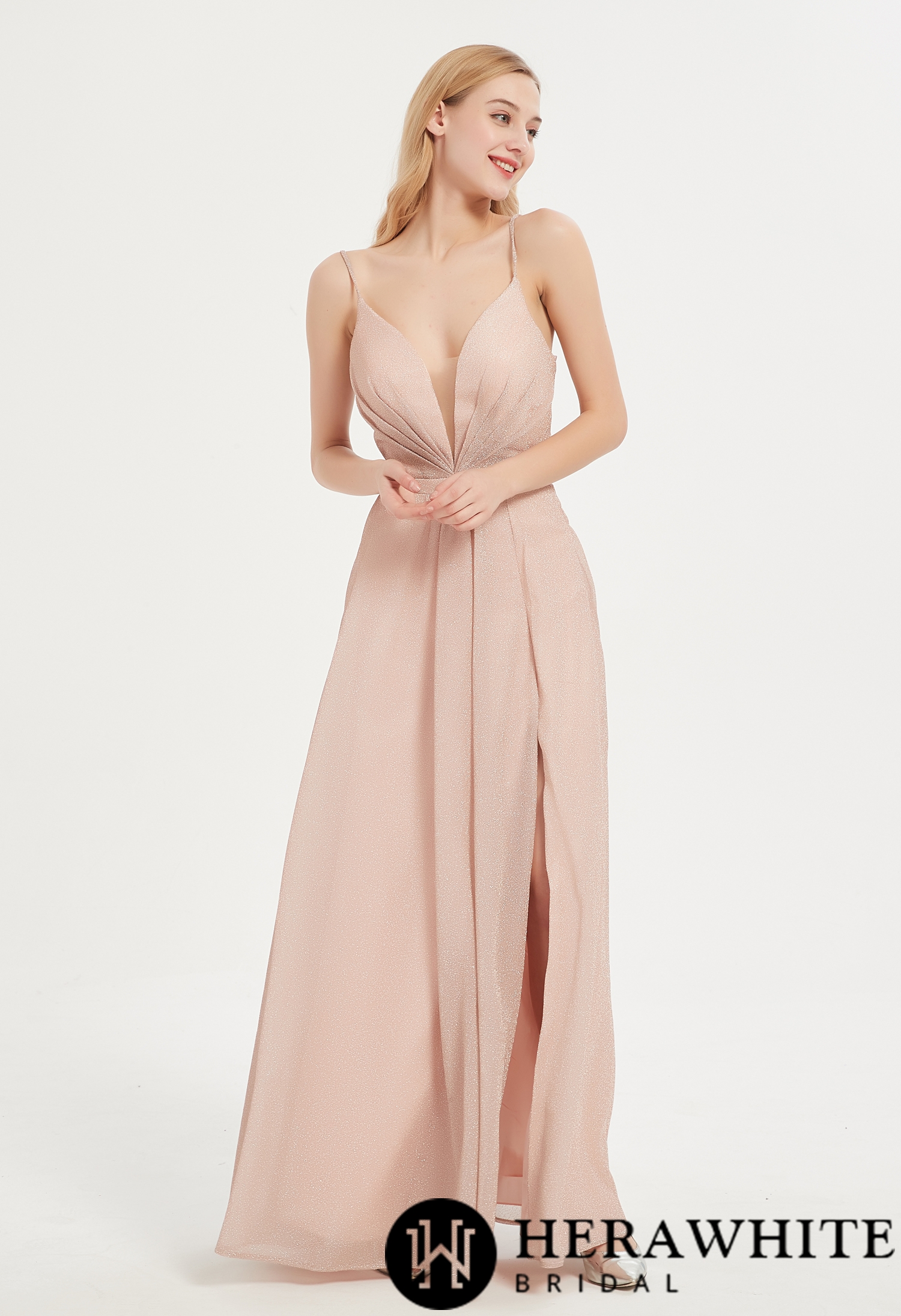 V-neck Shinny Bridesmaid Dress with Criss Cross Back