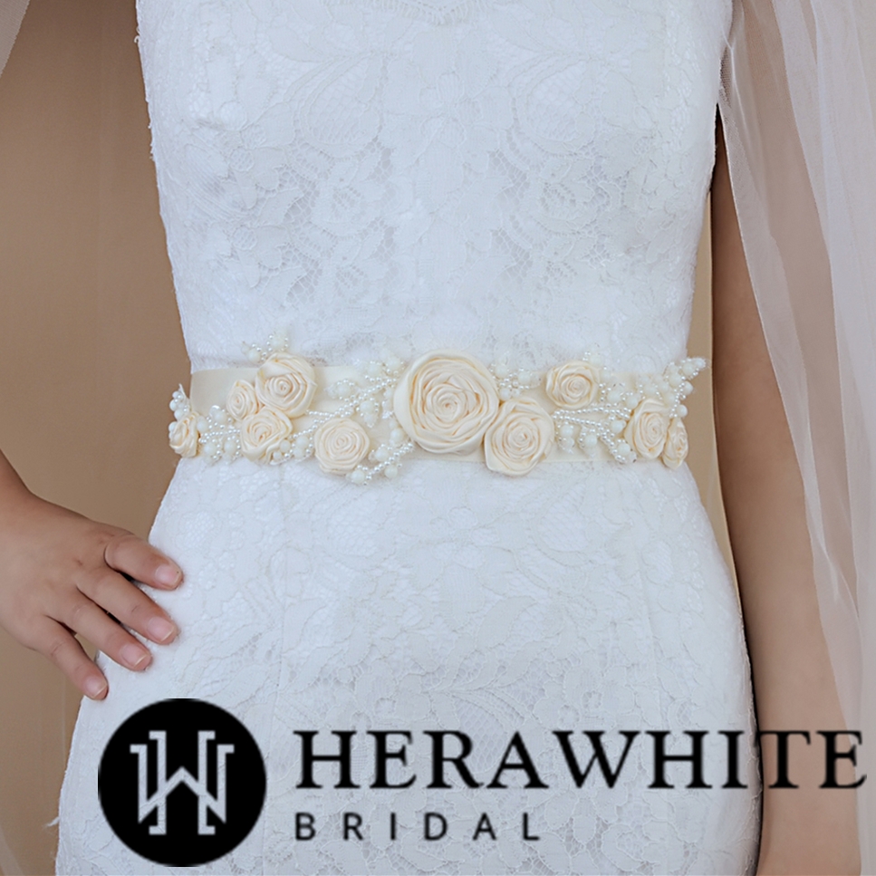 Flowers Satin Bridal Sash with Beads Detail