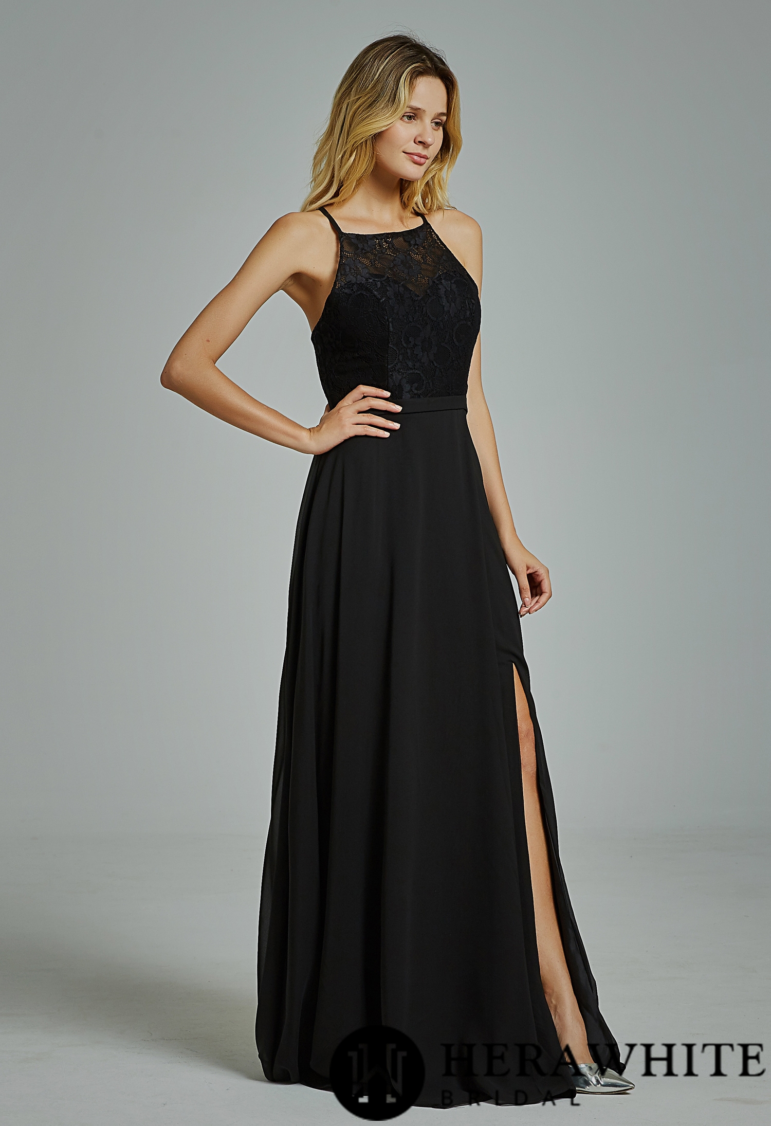 Sexy High Neck Split Chiffon Bridesmaid Dress