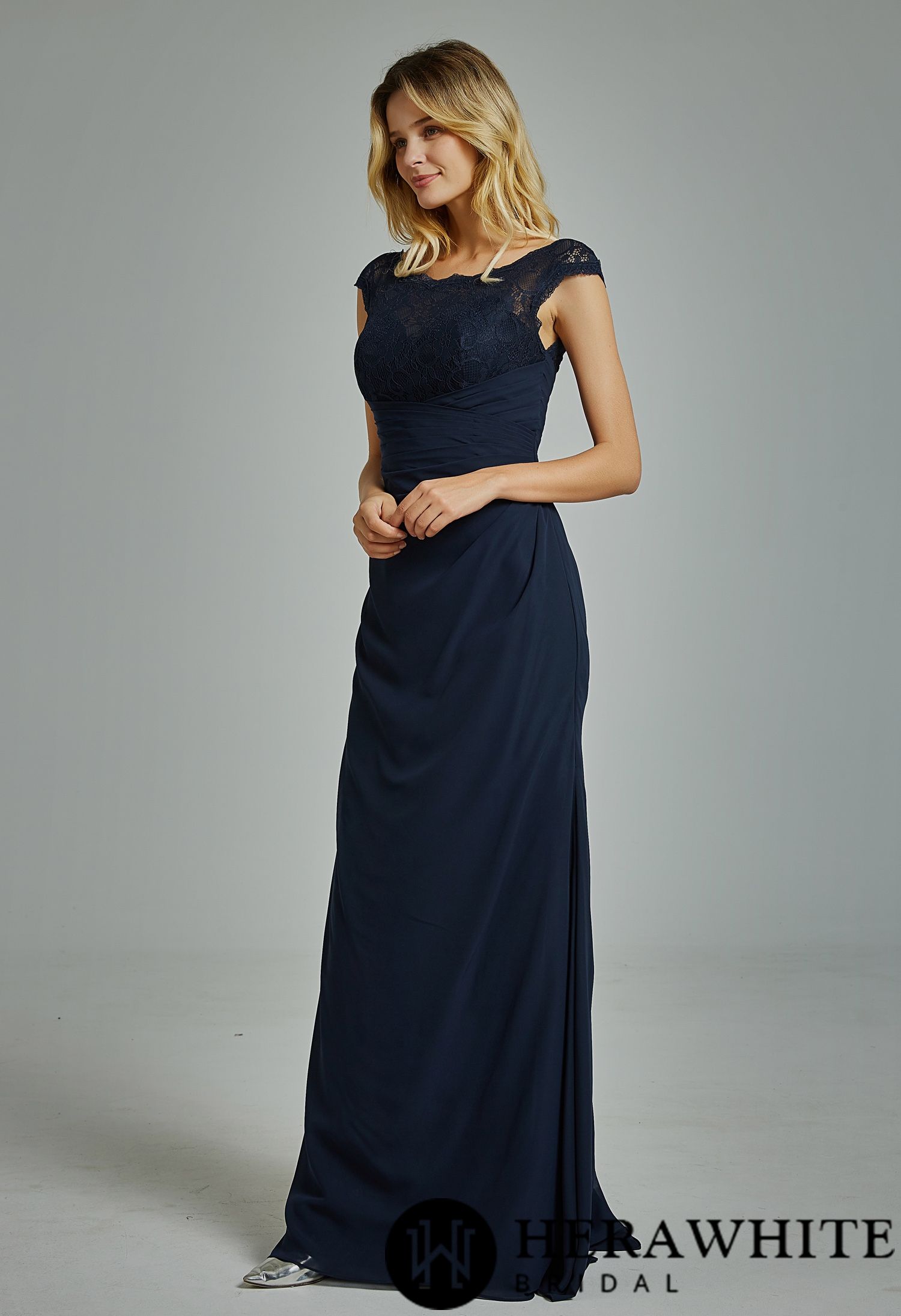 Chiffon Cap Sleeves Bridesmaid Dress with Ruched Bodice