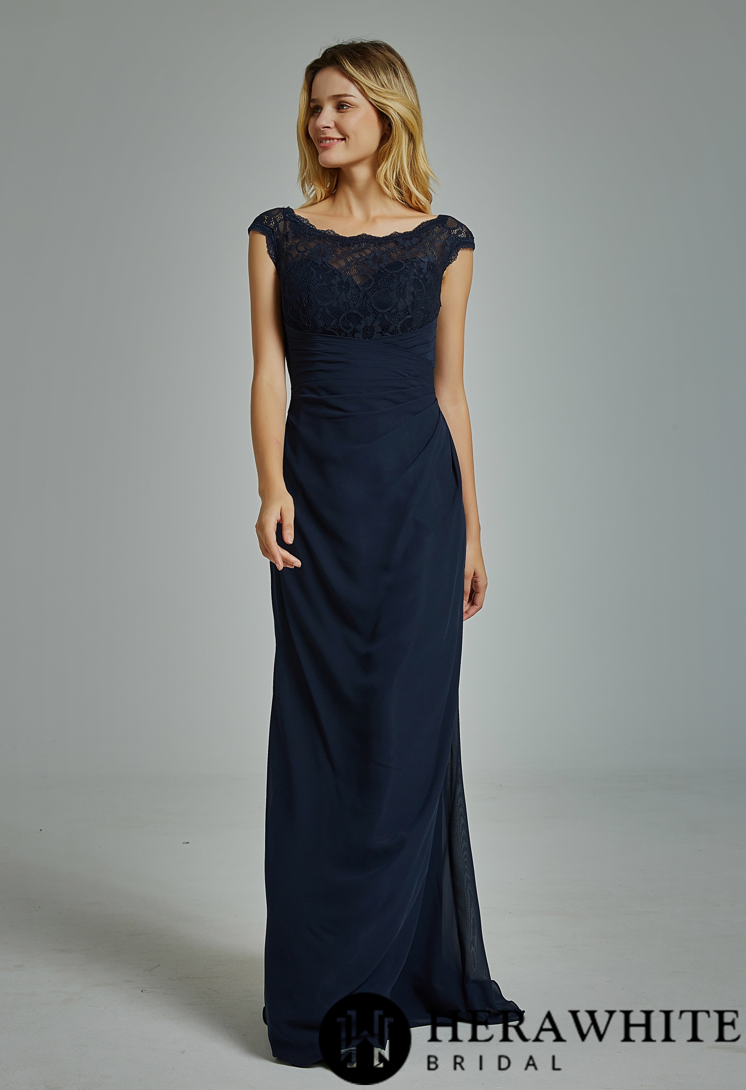 Chiffon Cap Sleeves Bridesmaid Dress with Ruched Bodice