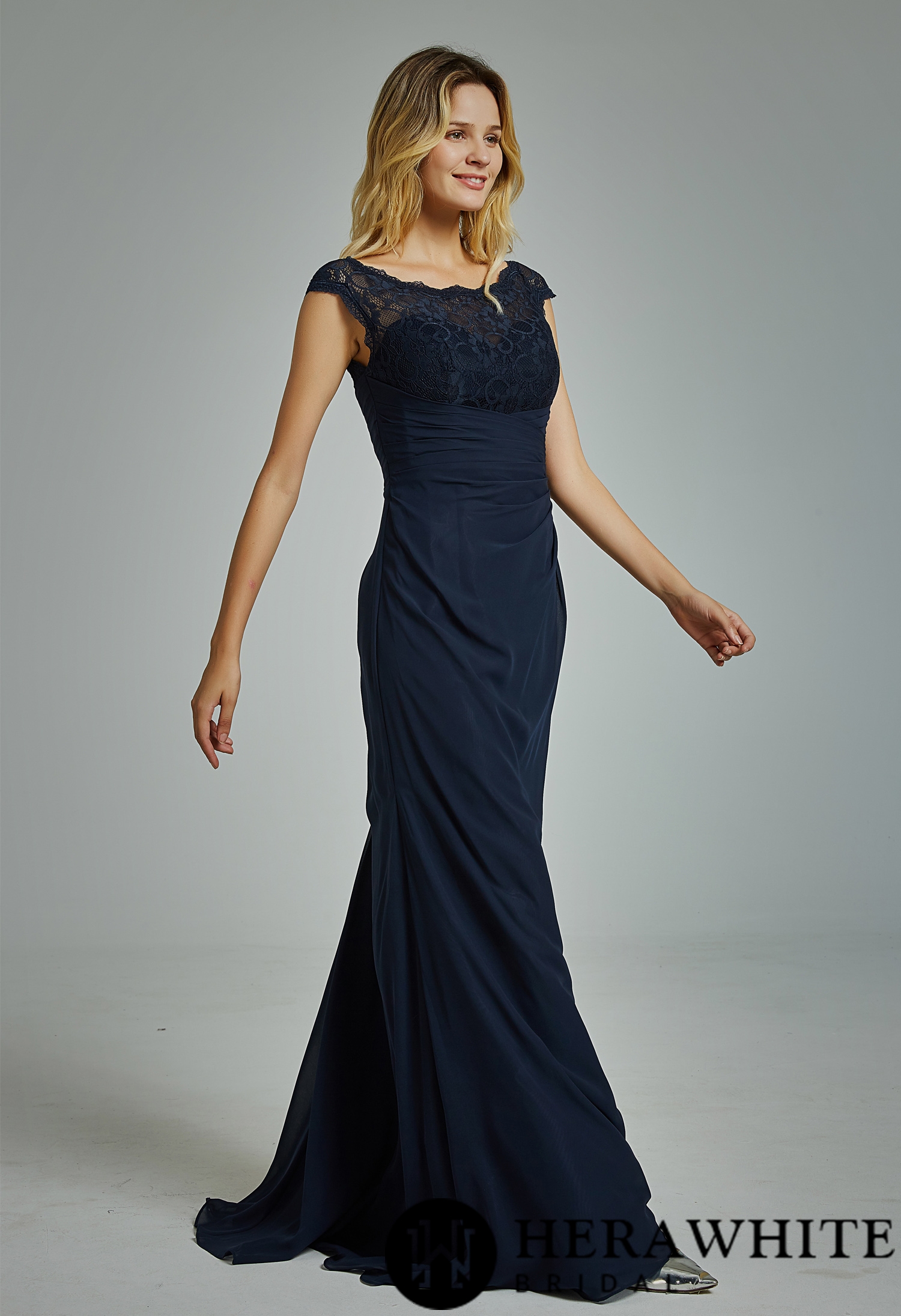 Chiffon Cap Sleeves Bridesmaid Dress with Ruched Bodice