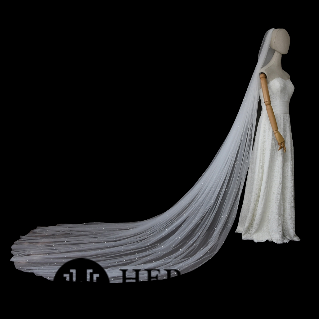 Two-Tie Cathedral Length Beaded Bridal Veil With Hair Comb