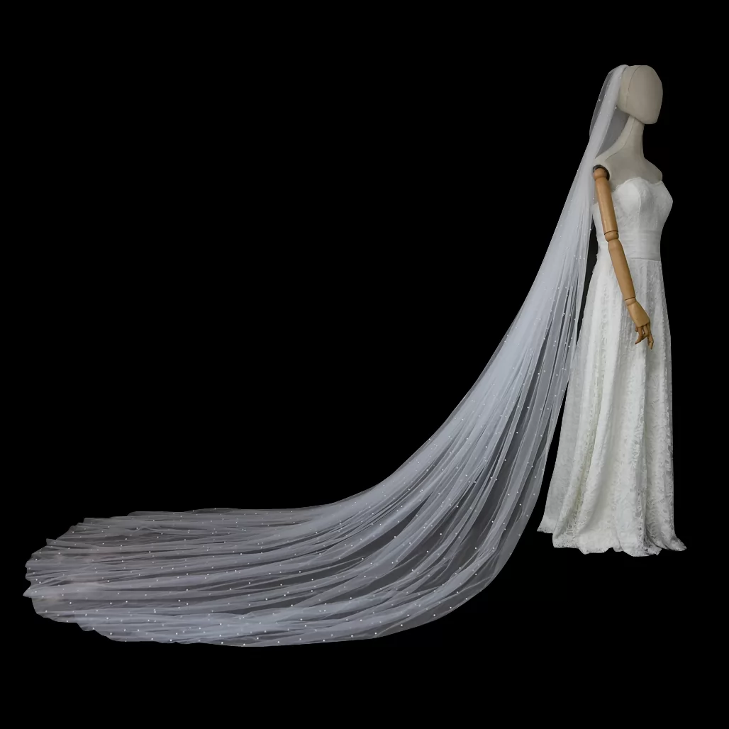 Two-Tie Cathedral Length Beaded Bridal Veil With Hair Comb