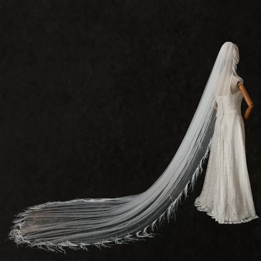Elegant Beaded Feather Cathedral Bridal Veil