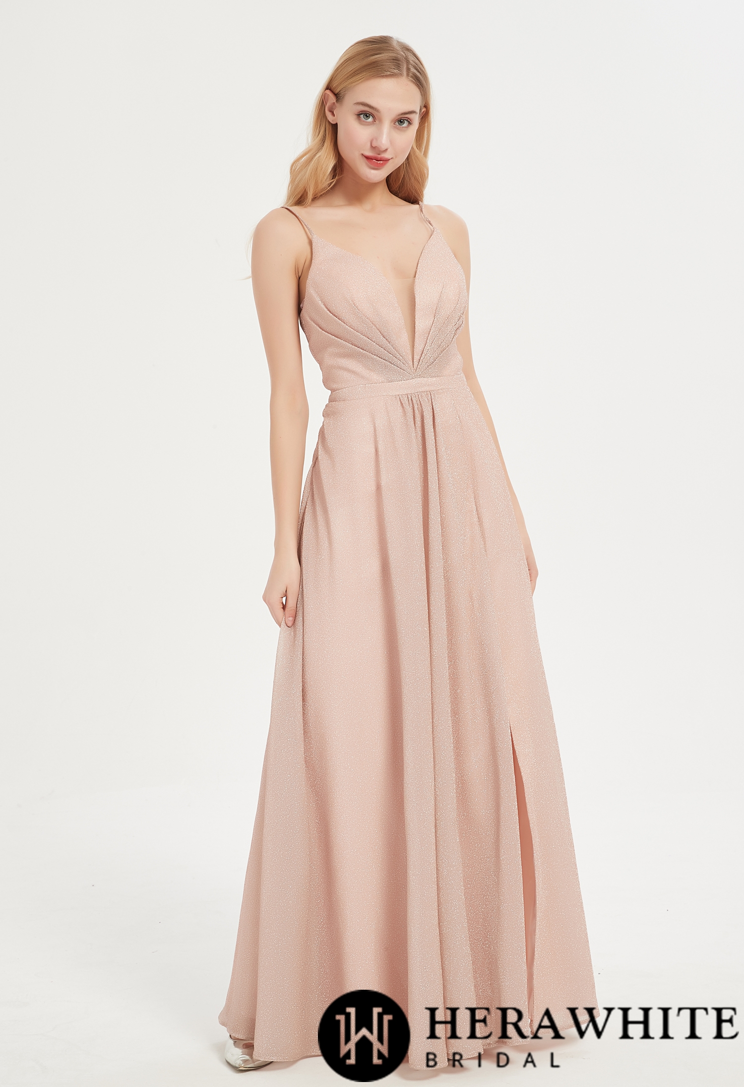 V-neck Shinny Bridesmaid Dress with Criss Cross Back