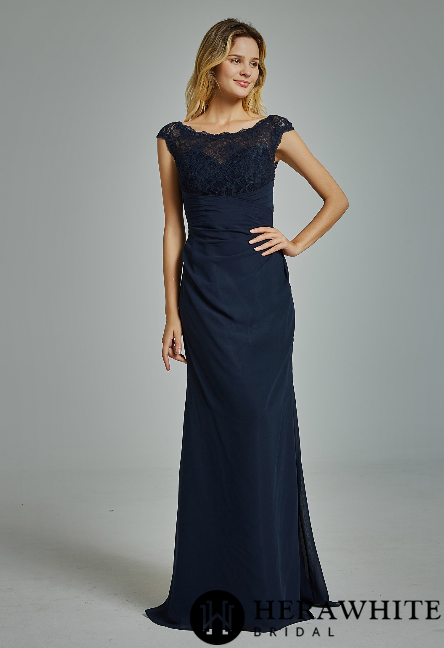 Chiffon Cap Sleeves Bridesmaid Dress with Ruched Bodice