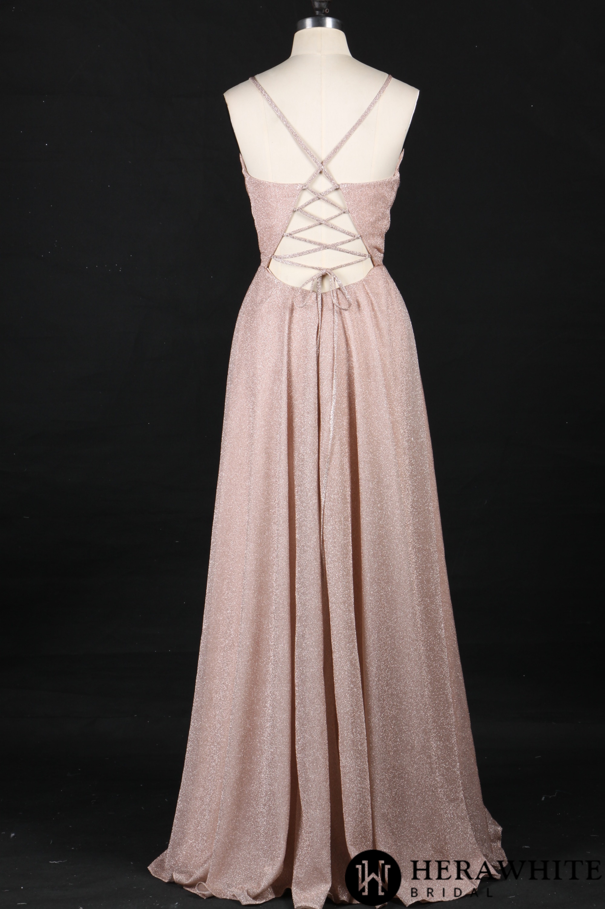 V-neck Shinny Bridesmaid Dress with Criss Cross Back