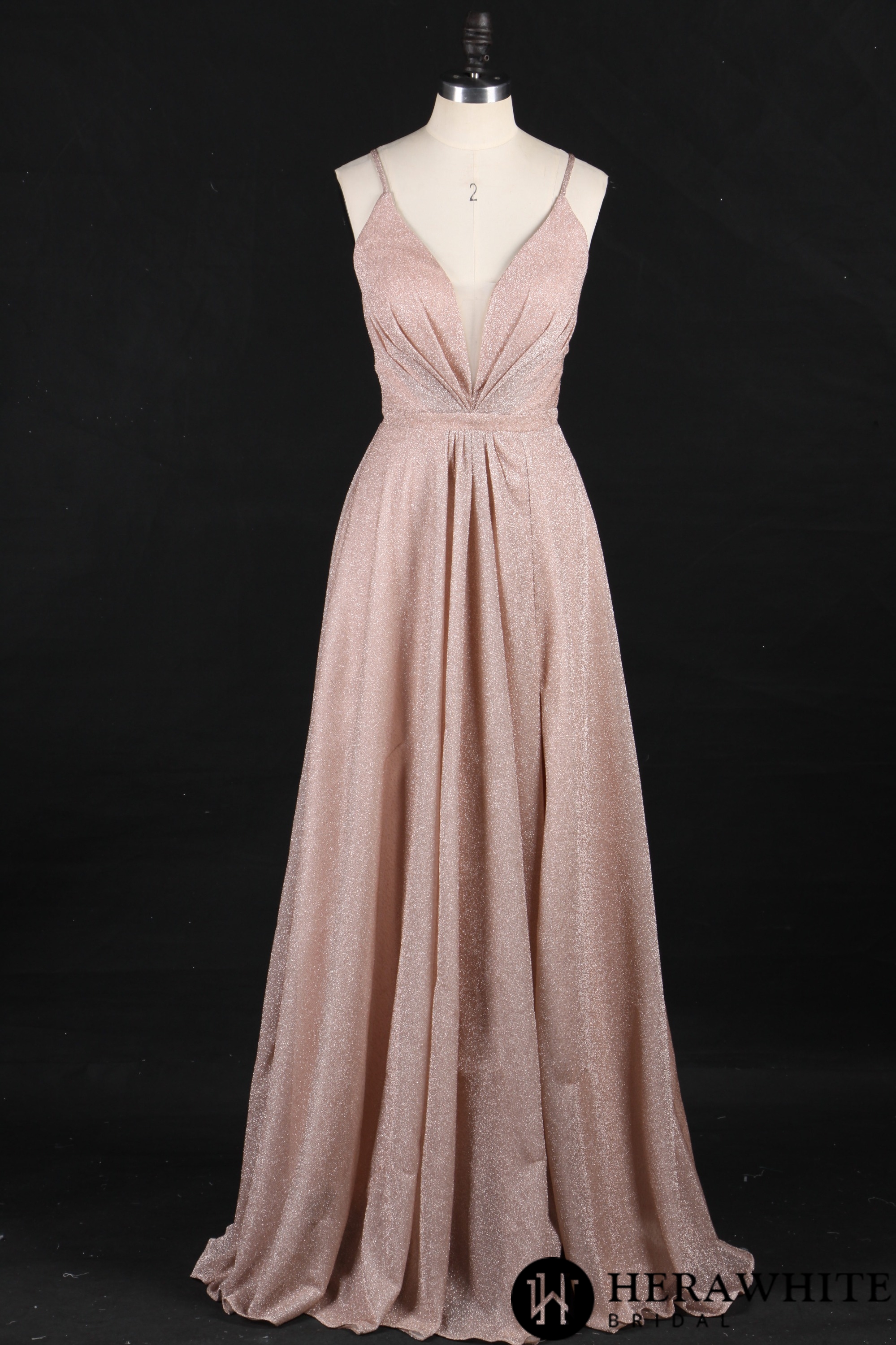 V-neck Shinny Bridesmaid Dress with Criss Cross Back