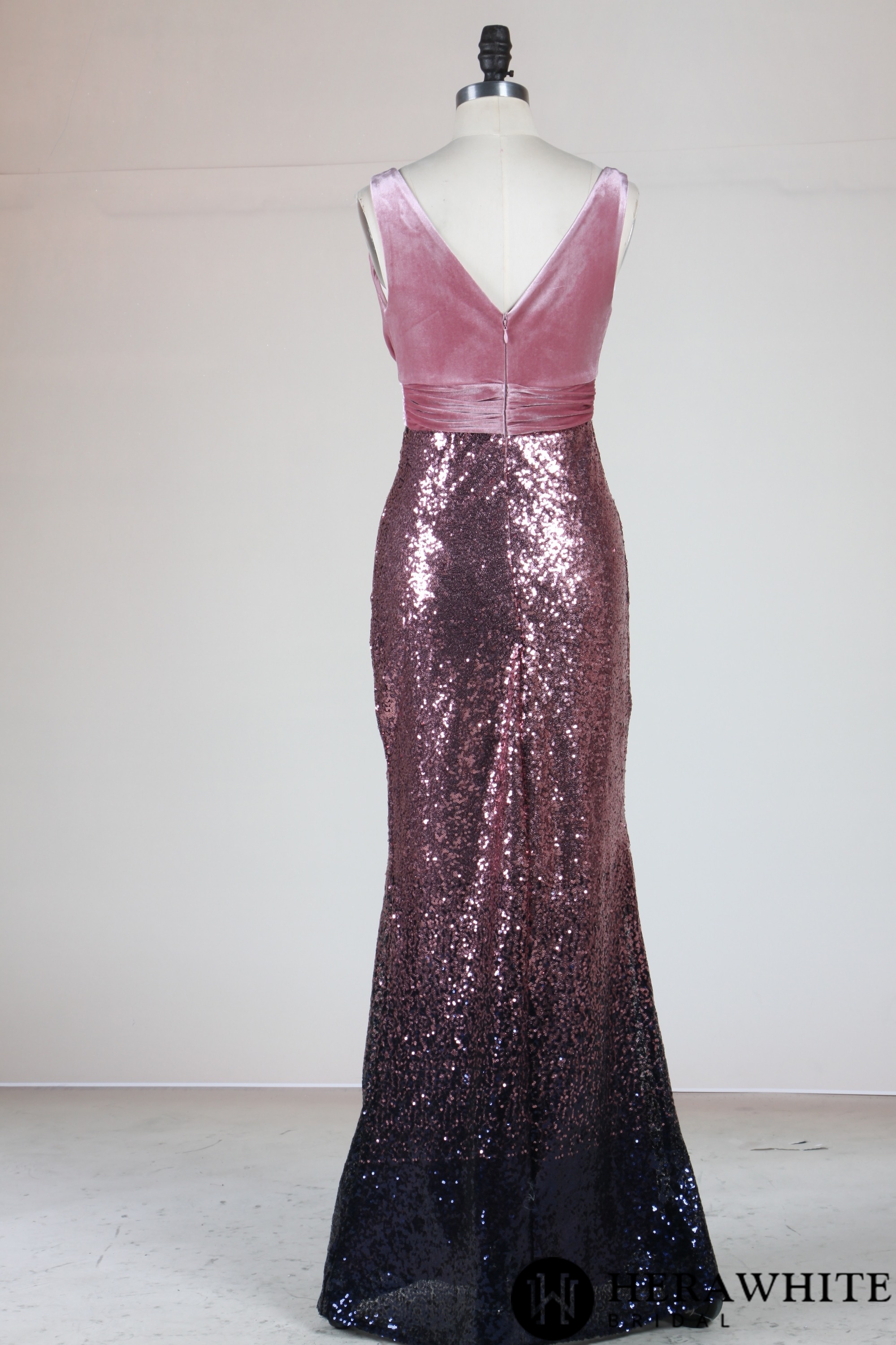 Velvet Bridesmaid Dress Mermaid Sequined Skirt with V-Neckline