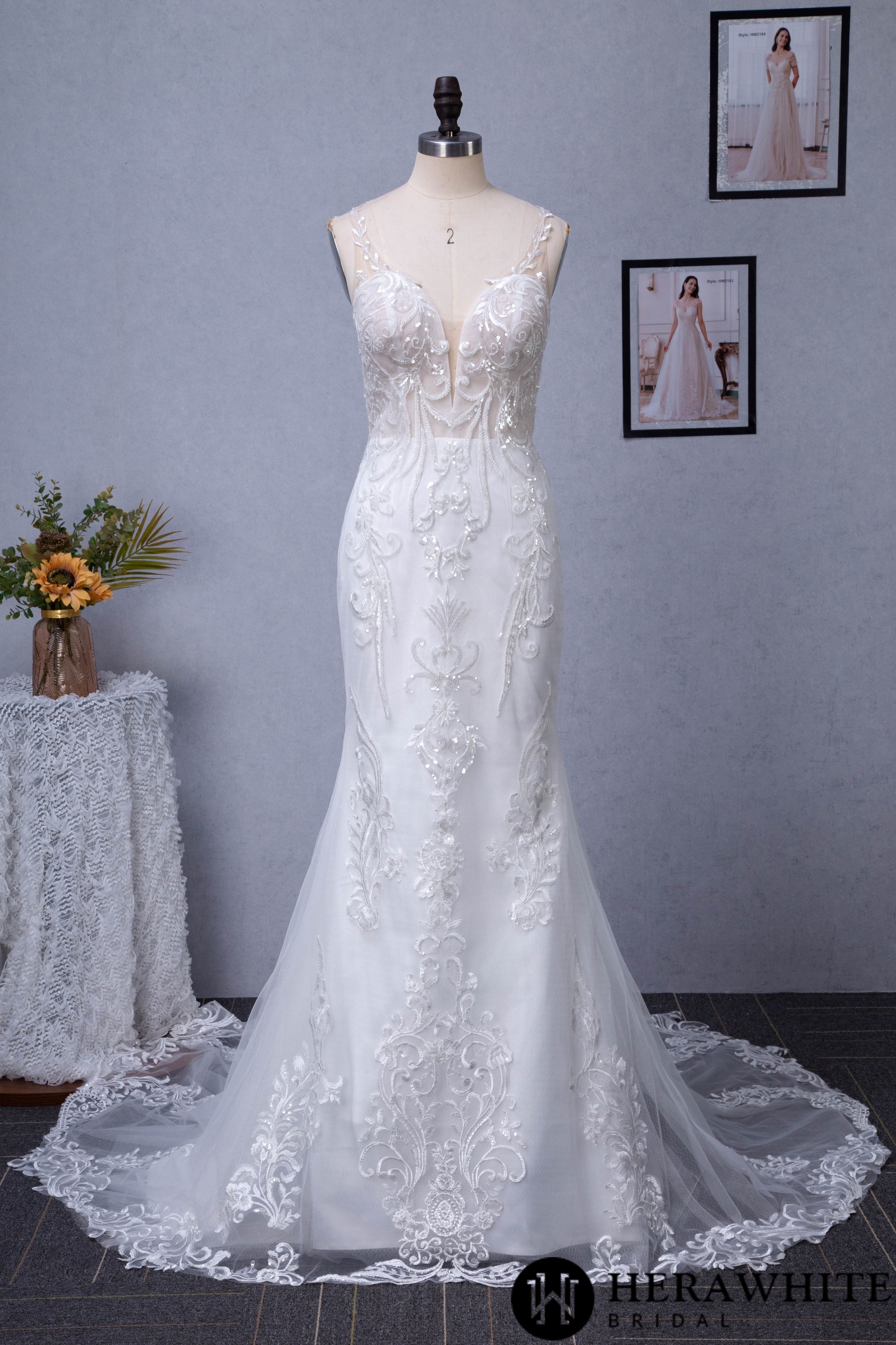 Sequin Beaded Illusion Back Long Lace Tulle Train Wedding Dress