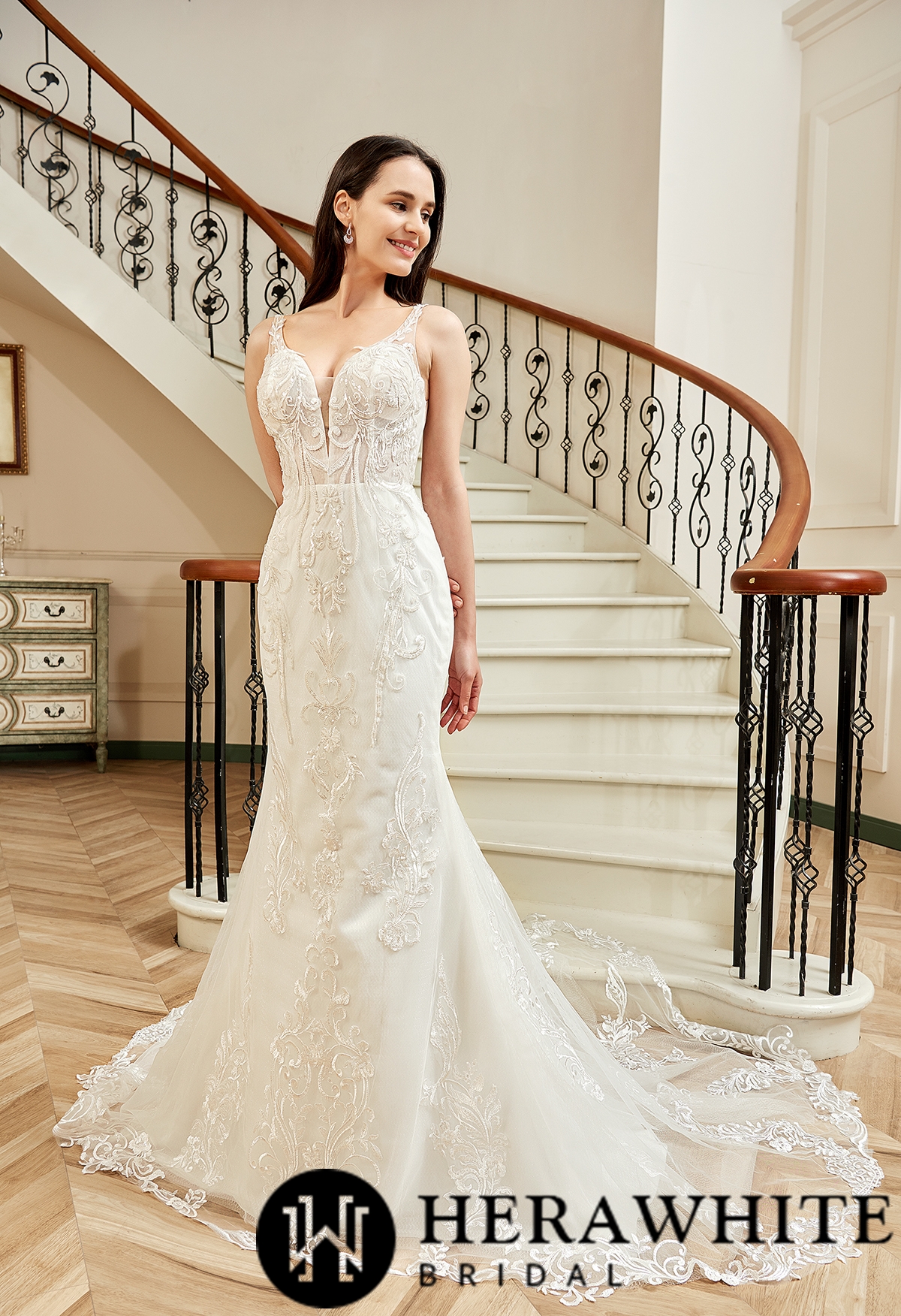 Sequin Beaded Illusion Back Long Lace Tulle Train Wedding Dress