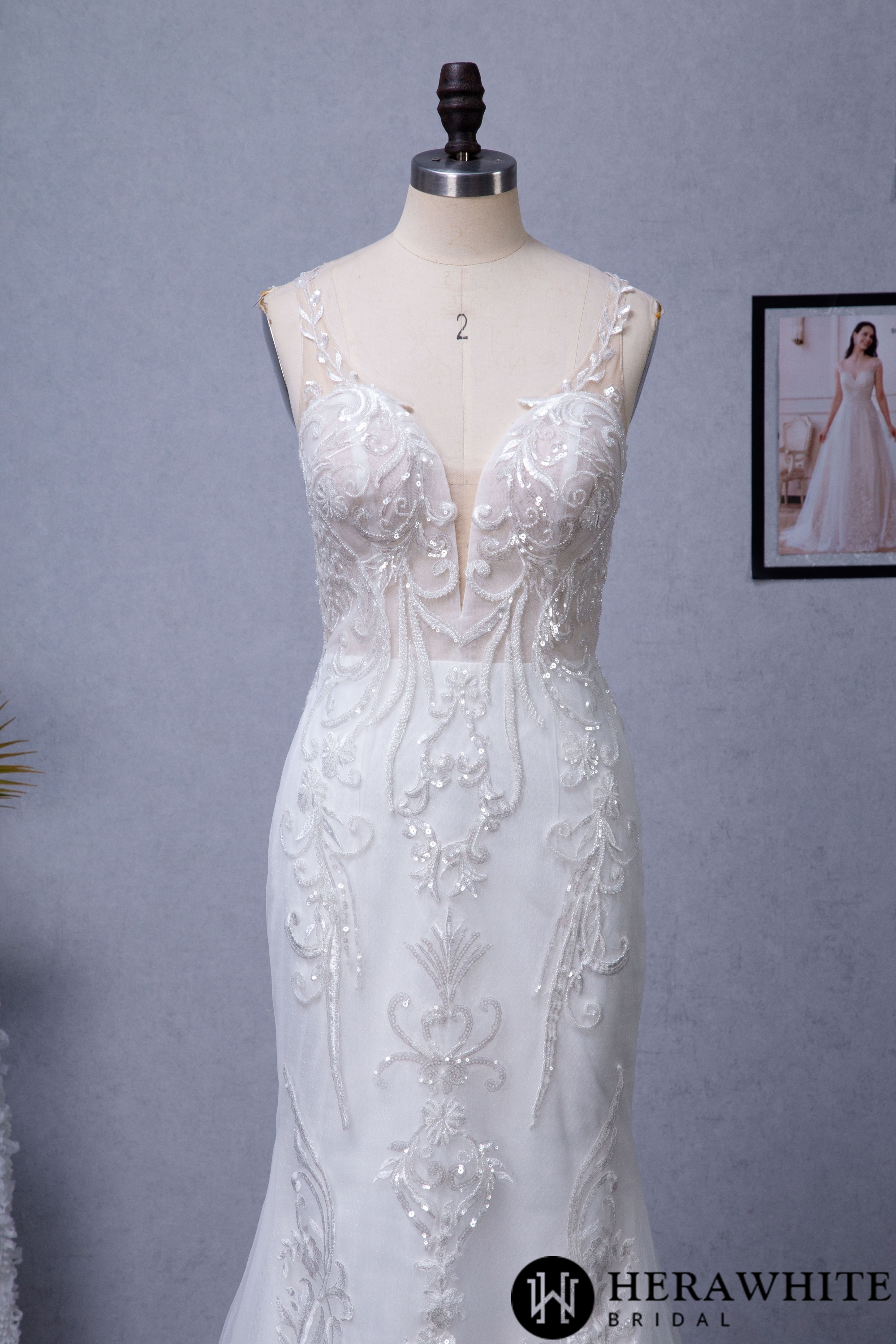 Sequin Beaded Illusion Back Long Lace Tulle Train Wedding Dress