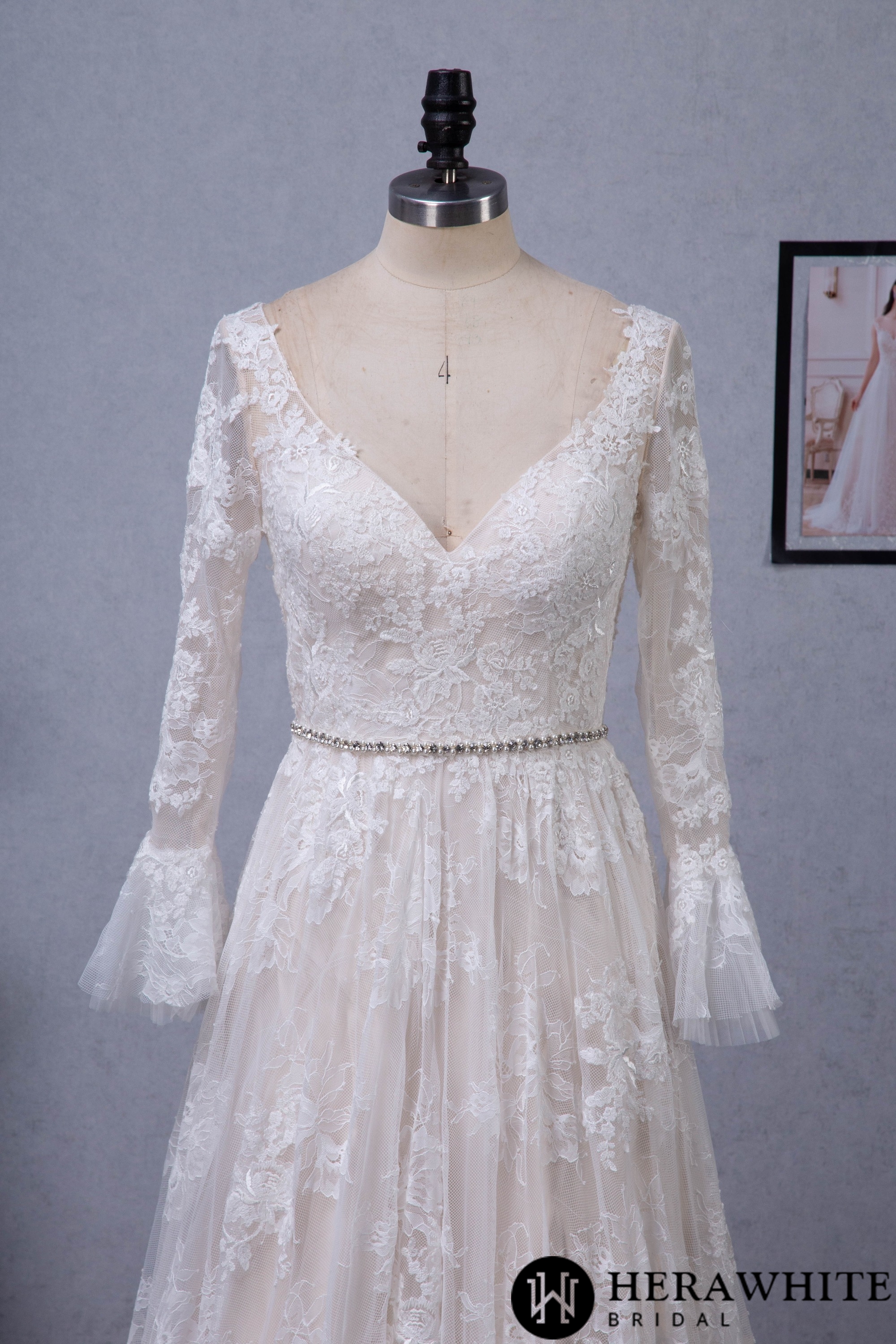 A-Line V-neck Chapel Train Lace Flare Long Sleeve Wedding Dress