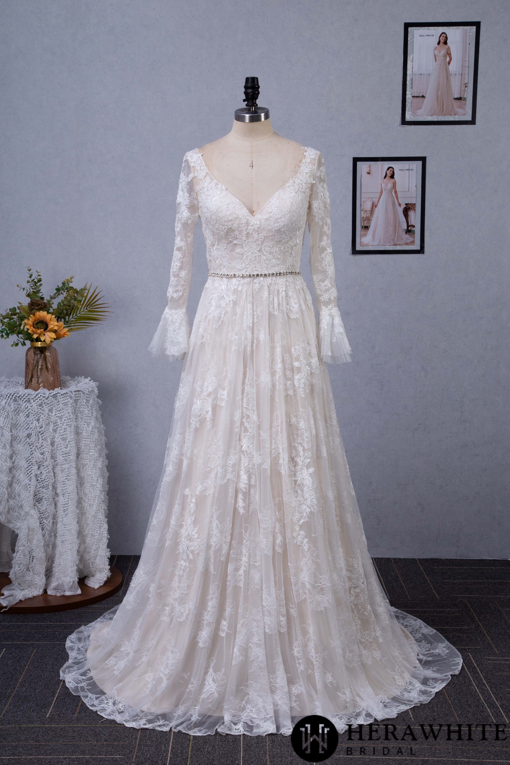 A-Line V-neck Chapel Train Lace Flare Long Sleeve Wedding Dress