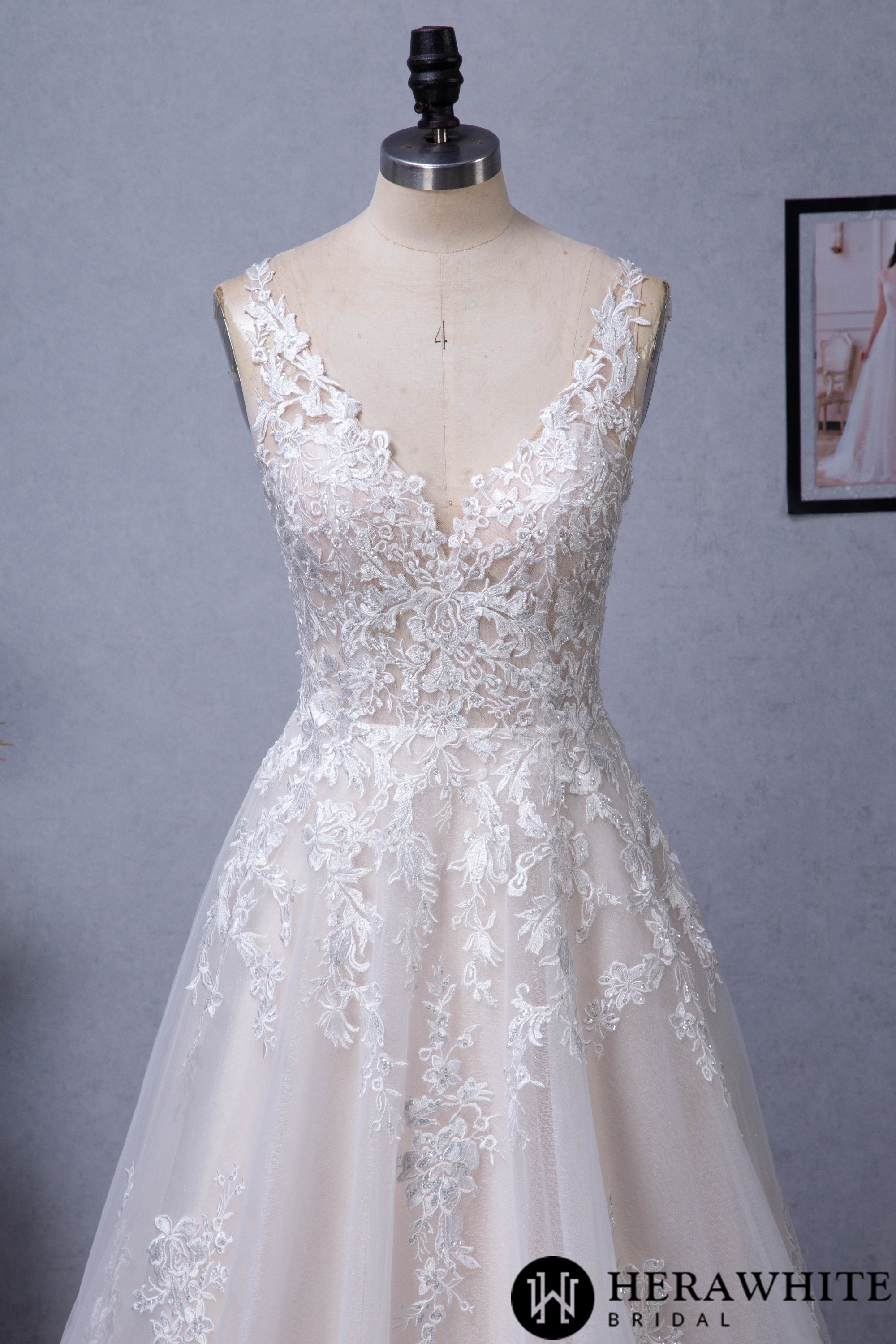 Illusion V-neckline A-Line Lace Straps Wedding Dress