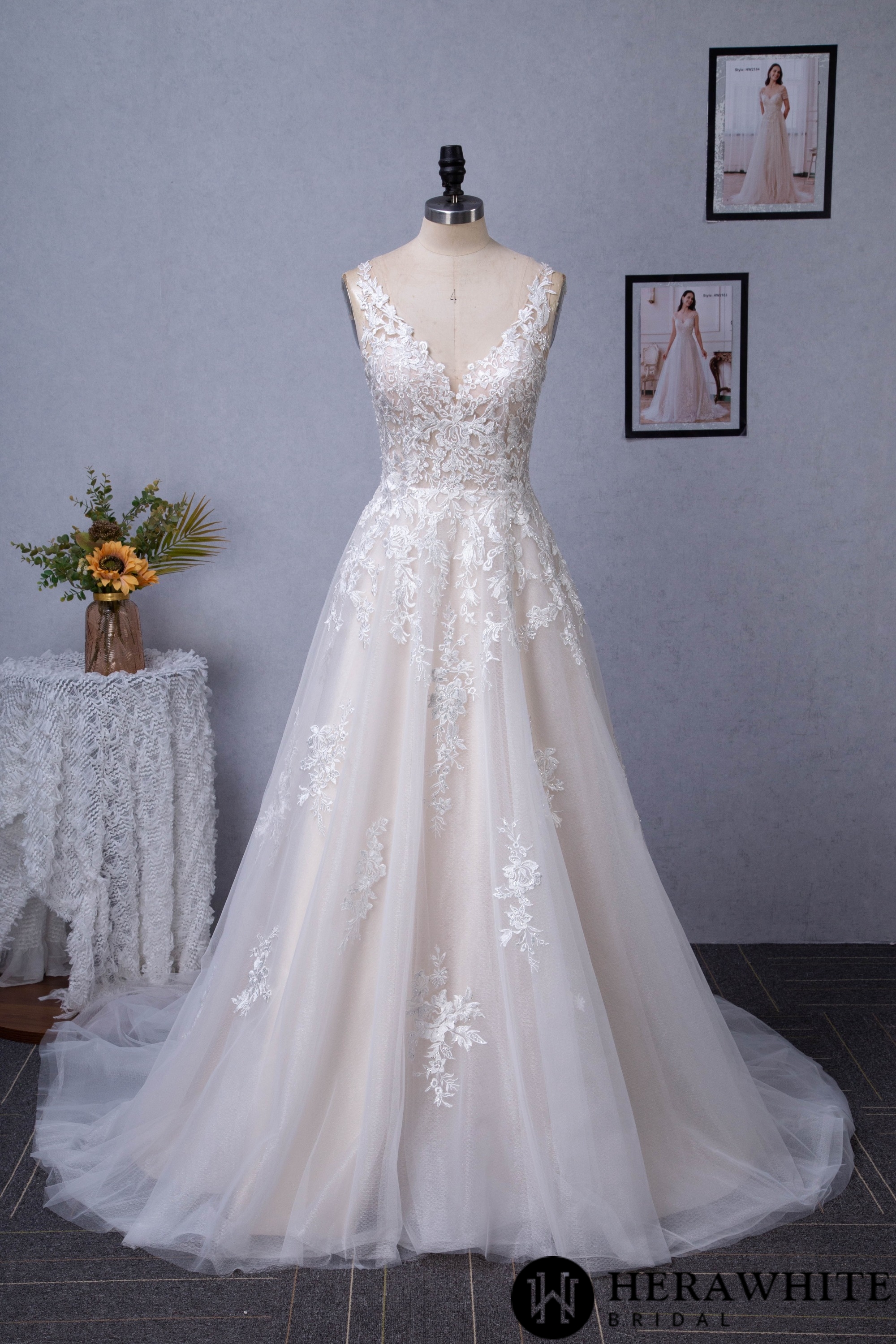 Illusion V-neckline A-Line Lace Straps Wedding Dress