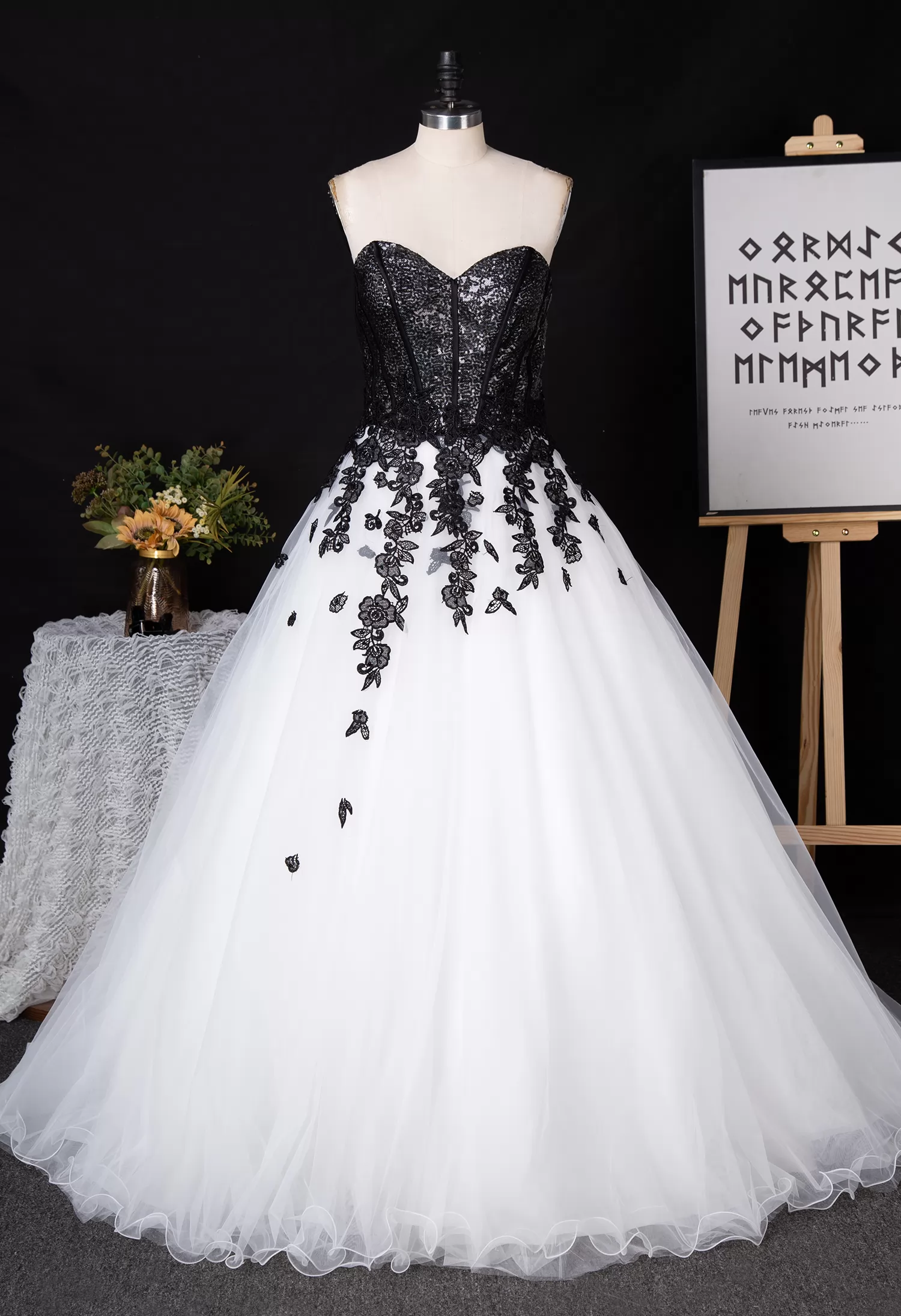 Sweetheart Sequin Ballgown Black Floral Motifs Wedding Dress