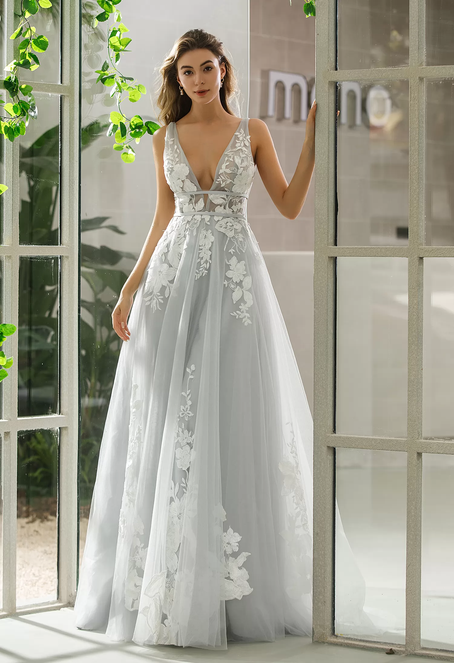 Plunging V-neck Wedding Dress With Floral Motifs