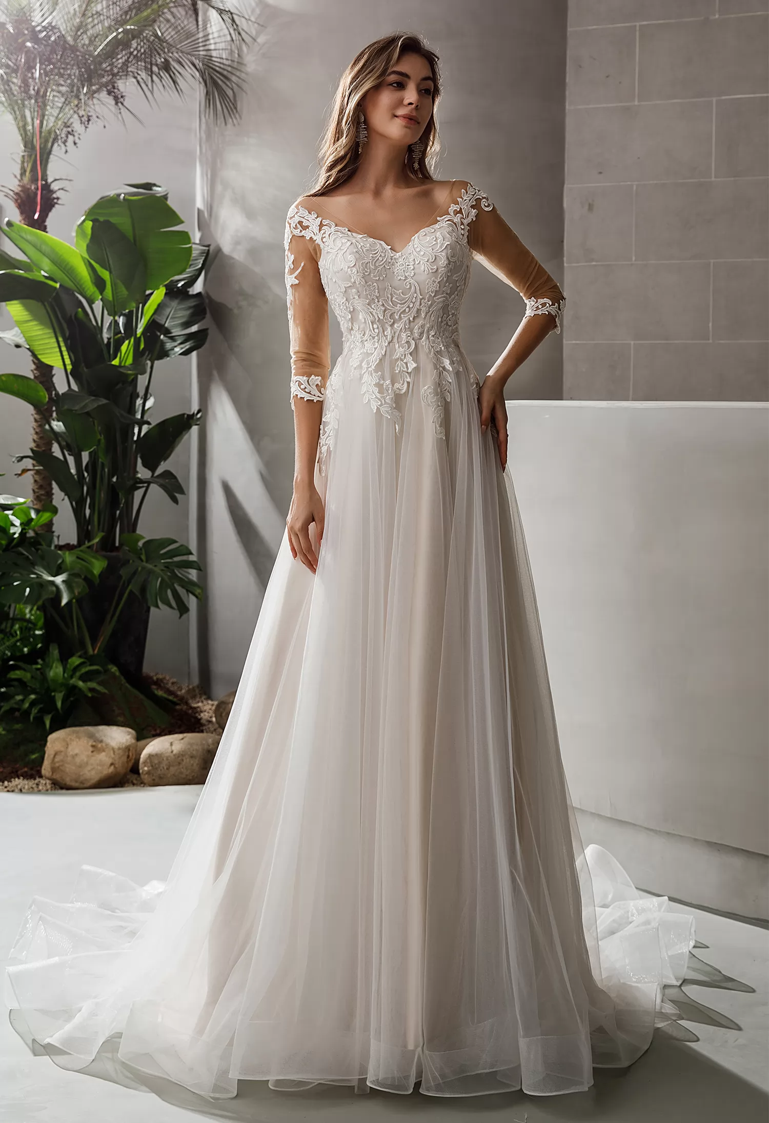 A-line Long Sleeves Illusion Neckline Bridal Wedding Dresses with Lace –  Angrila