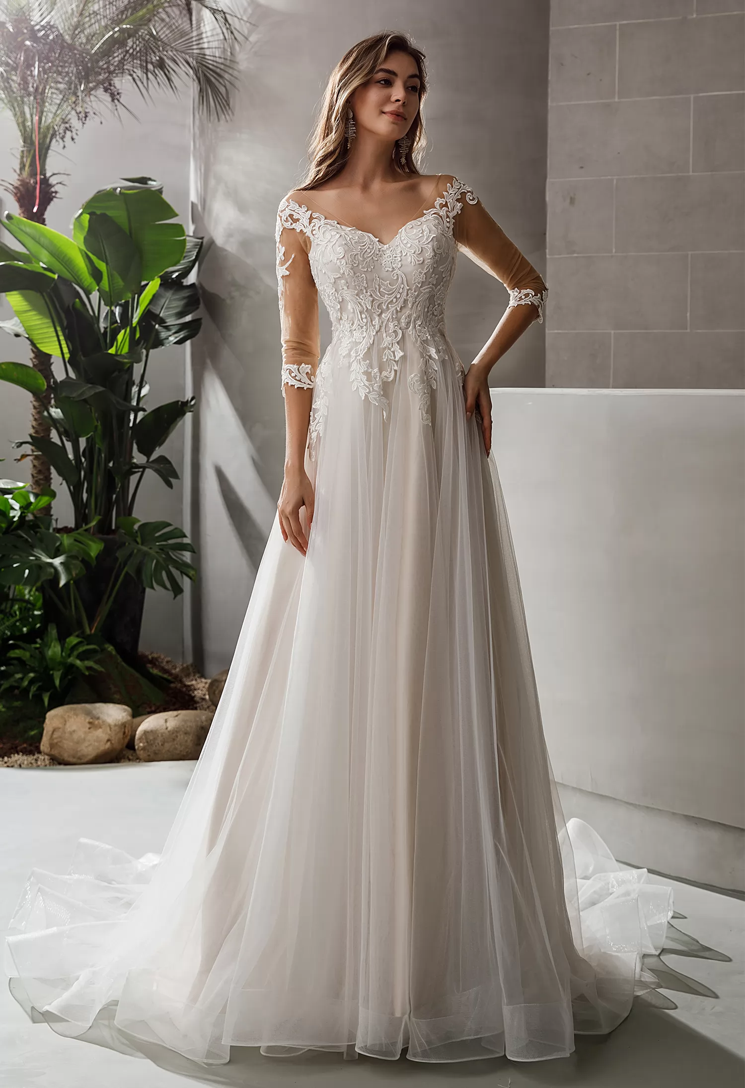 A-line 3/4 Sleeves V-back Full Lace Elegant Wedding Dresses, WD0308 –  SofieBridal