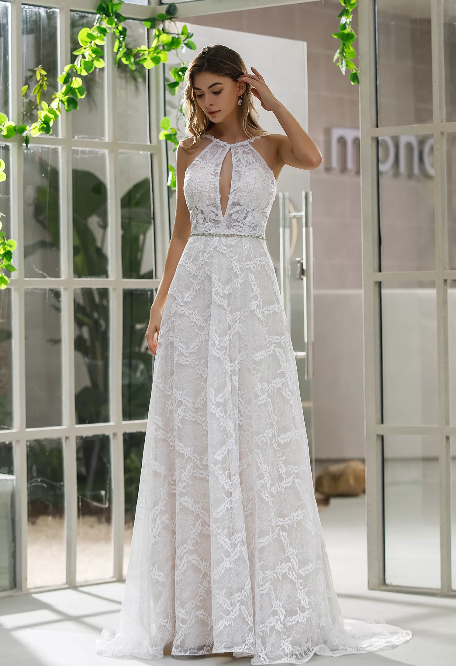 Halter Neckline Lace Bridal Gown With Crisscross Back