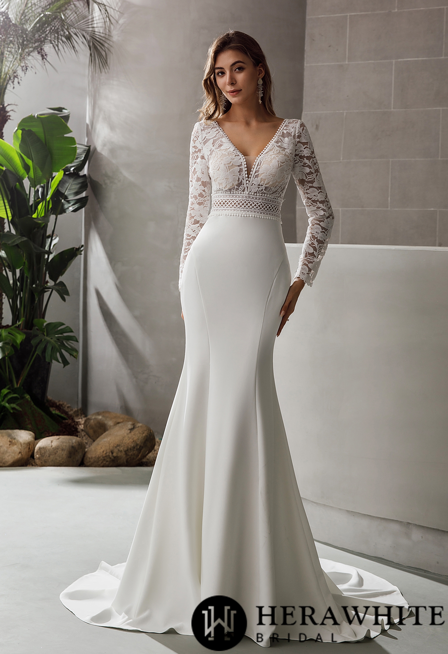 Simple Long Sleeve Plunging V-neck Boho Wedding Dress