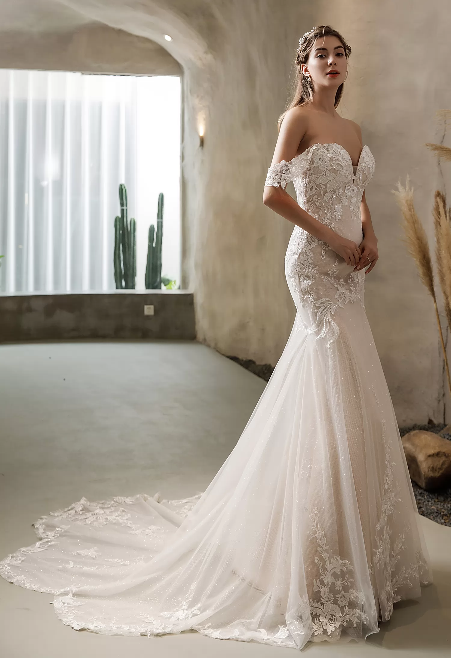 Off-the-shoulder Mermaid Glitter Tulle Open Back Wedding Dress