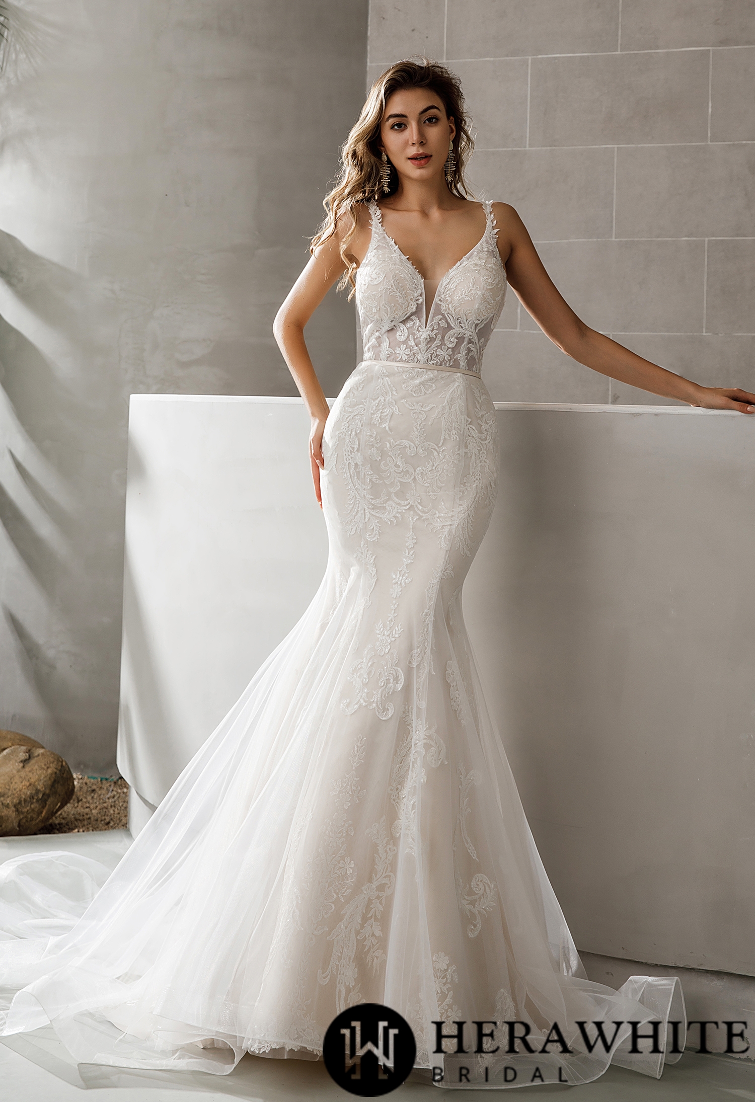 Geometric Lace Fit and Flare V Neck Chapel Train Wedding Dress