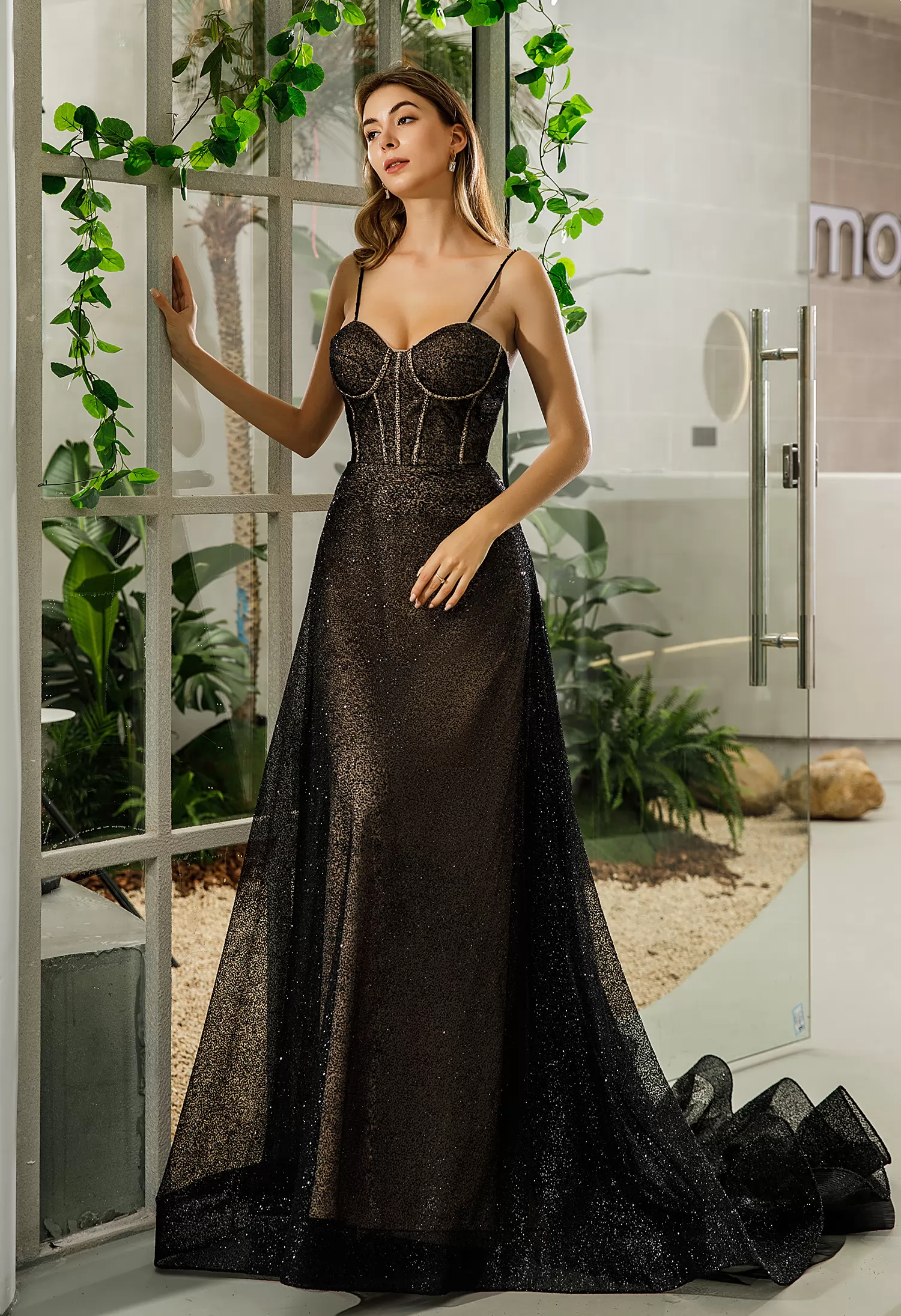 Romantic Black Glitter Tulle Corset Wedding Dress