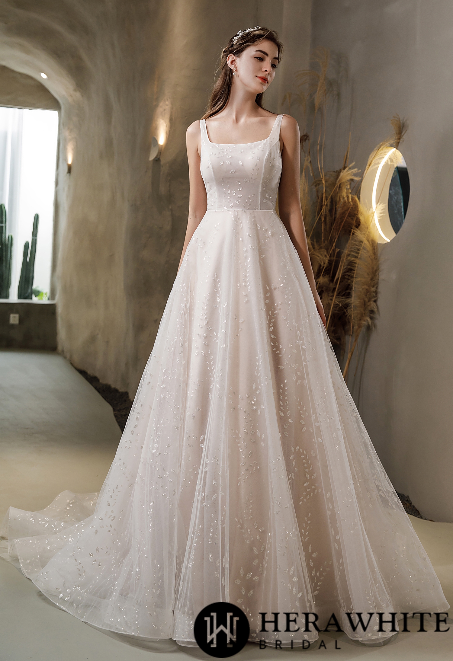 Pink Nude Princess Square Neckline Wedding Dress