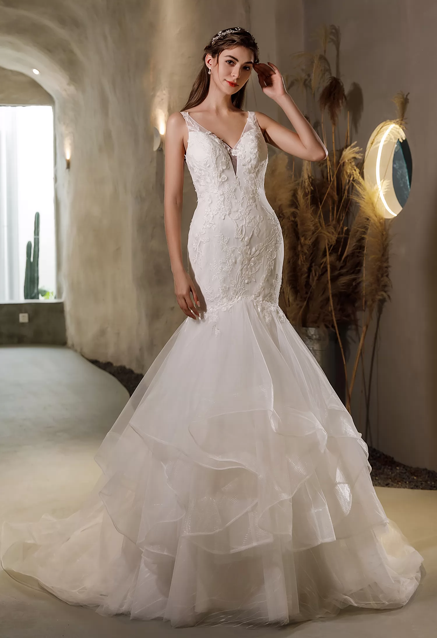 Beaded Lace Tulle Ruffled Mermaid Wedding Dress