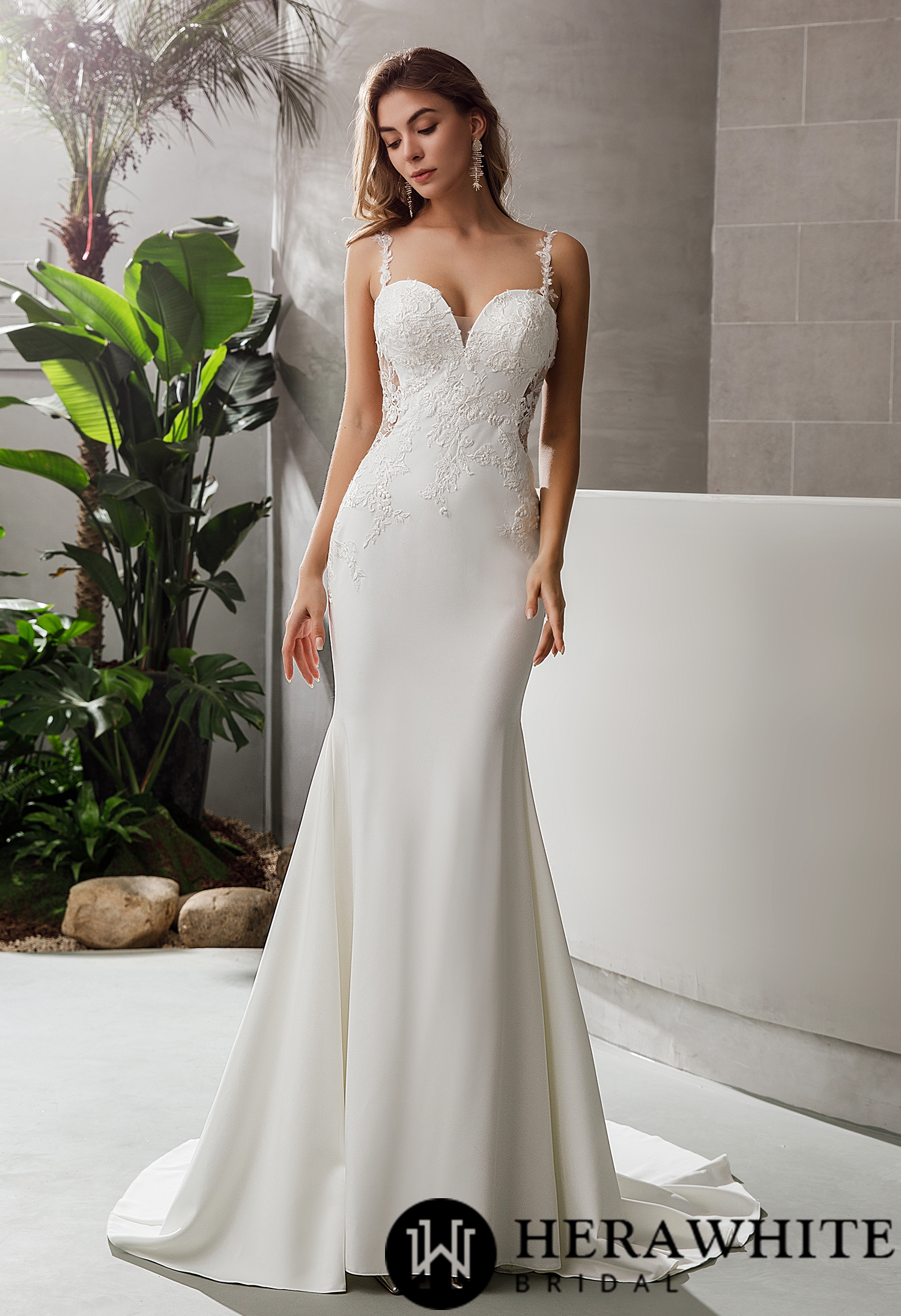 Crepe Fit and Flare Crepe Silhouette Lace Straps Wedding Dress