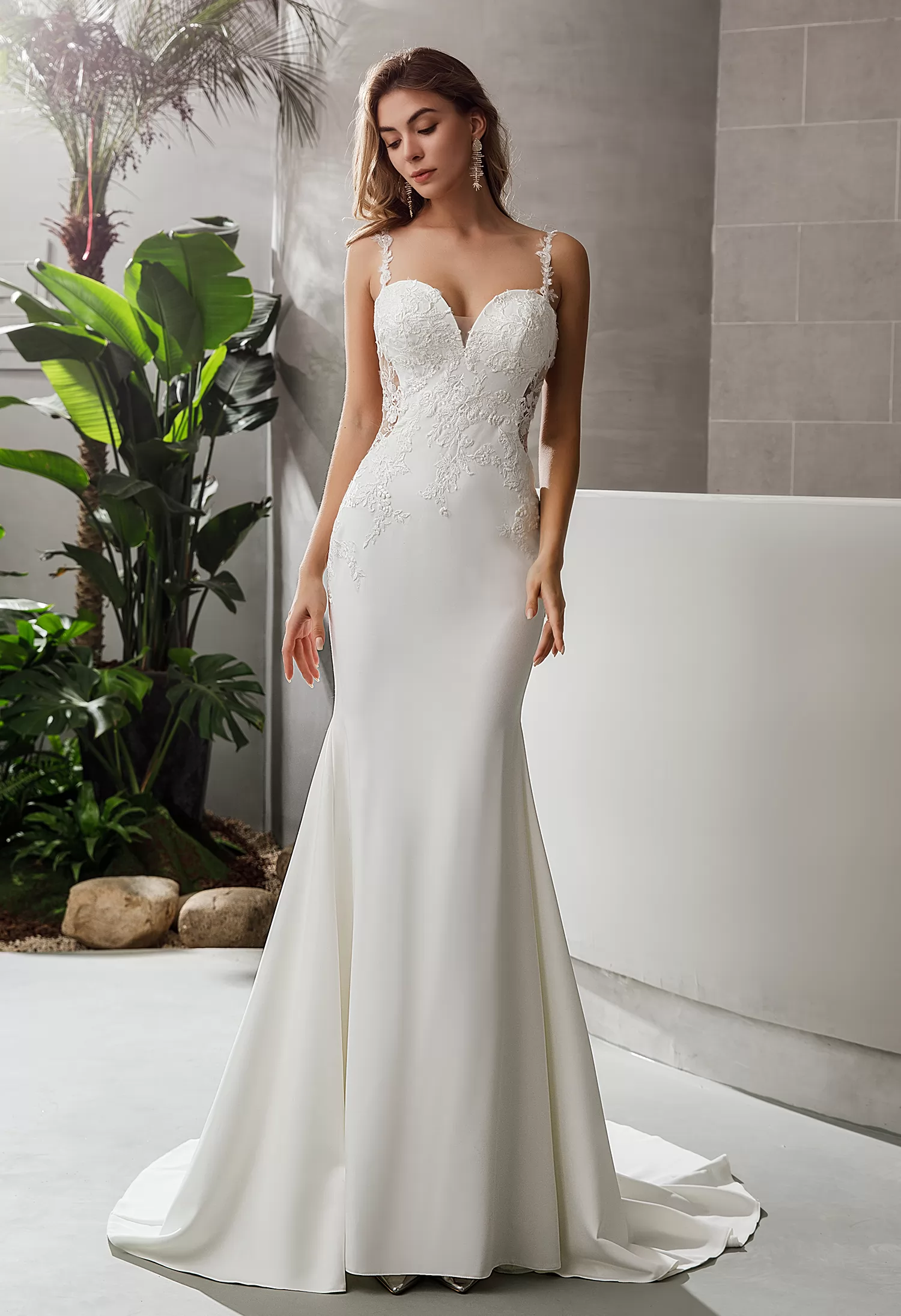 Crepe Fit and Flare Crepe Silhouette Lace Straps Wedding Dress