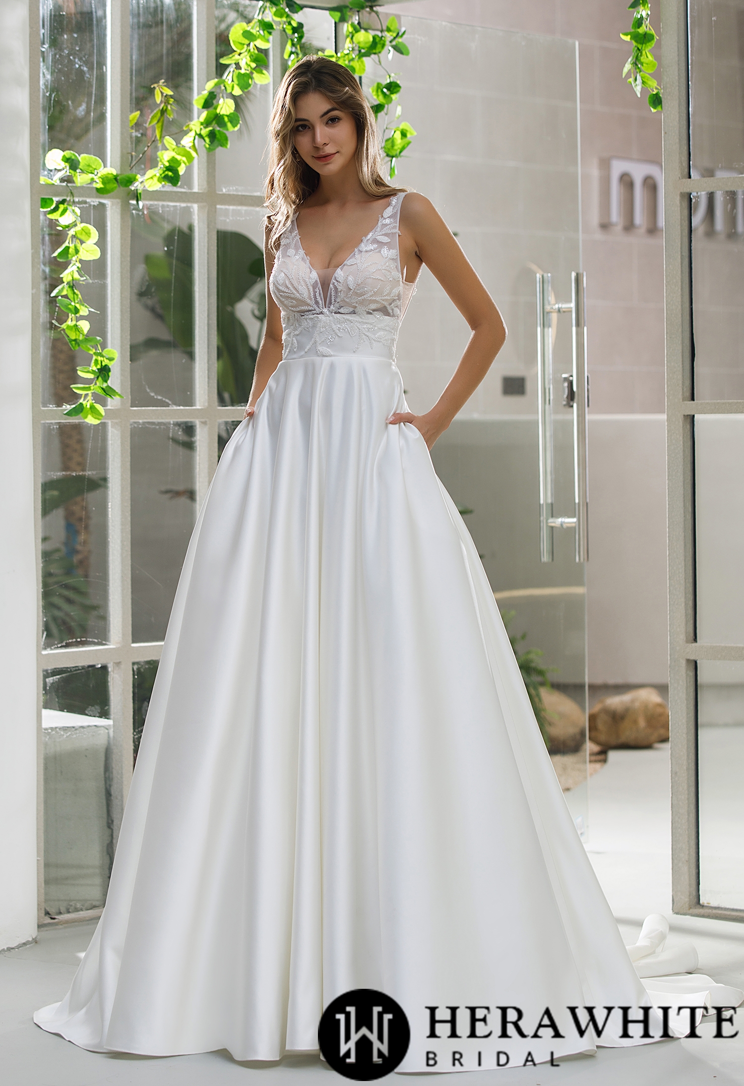 Illusion Bodice Satin A-line Pockets Wedding Dress