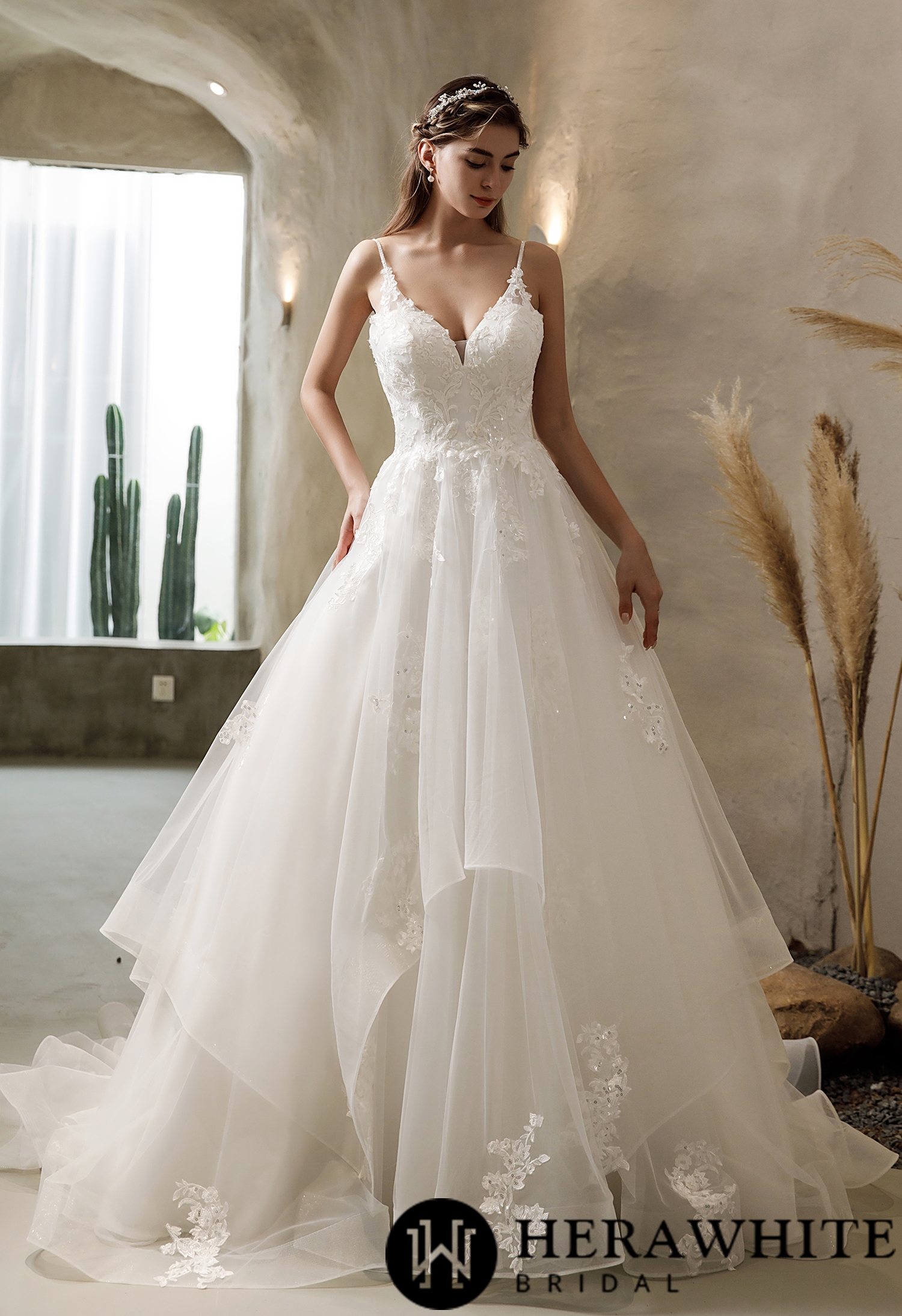 Ethereal Floral Lace Tiered Tulle Wedding Dress