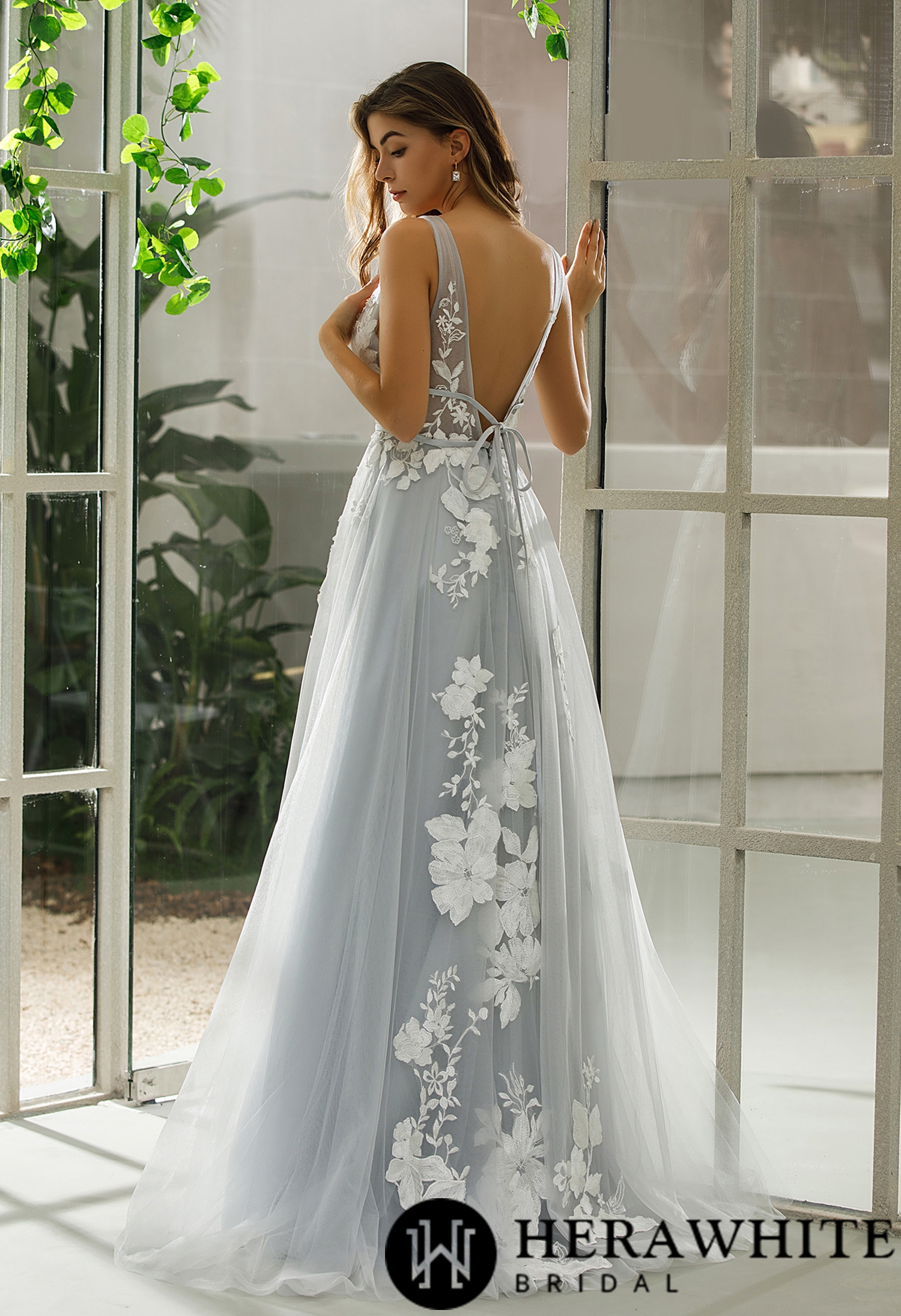 Plunging V-neck Floral Motifs Wedding Dress
