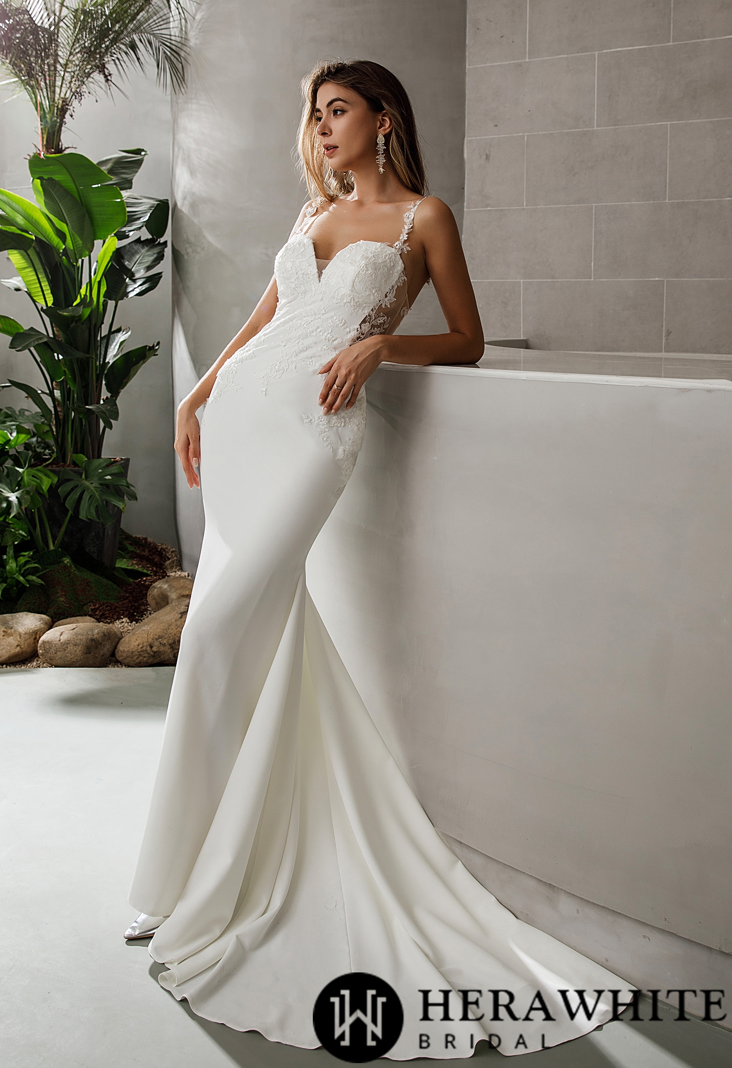 Crepe Fit and Flare Crepe Silhouette Lace Straps Wedding Dress