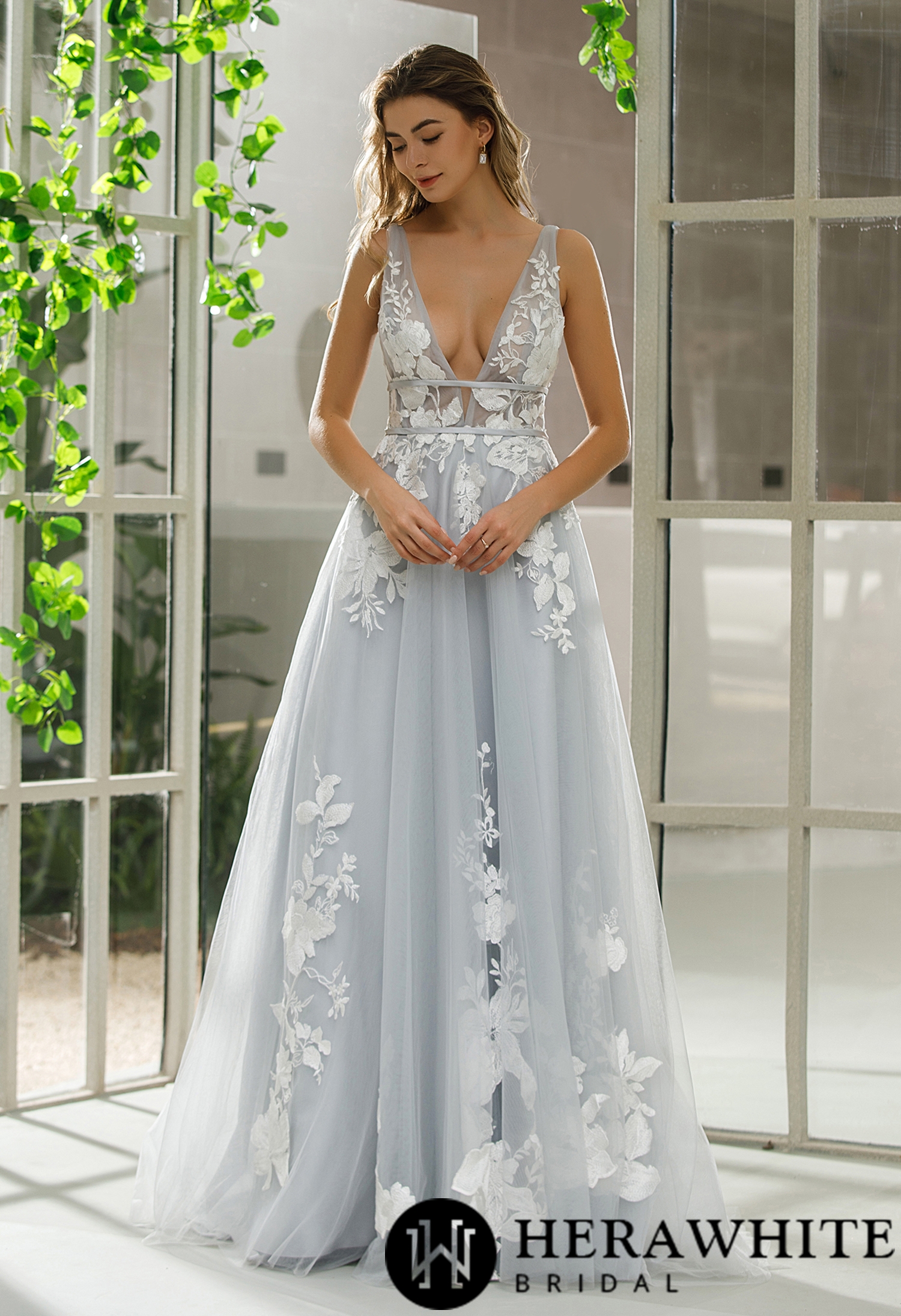 Plunging V-neck Floral Motifs Wedding Dress