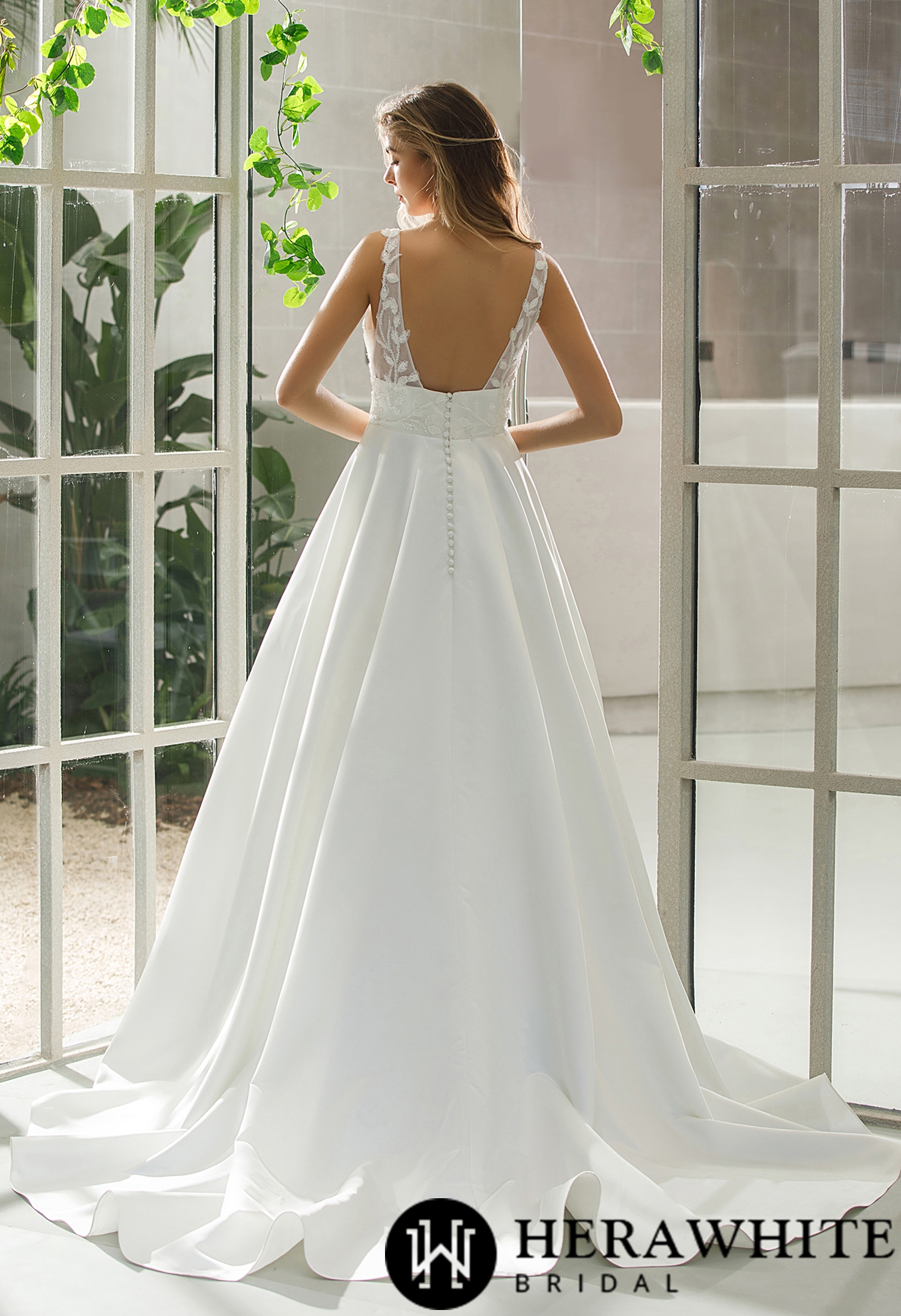 Illusion Bodice Satin A-line Pockets Wedding Dress