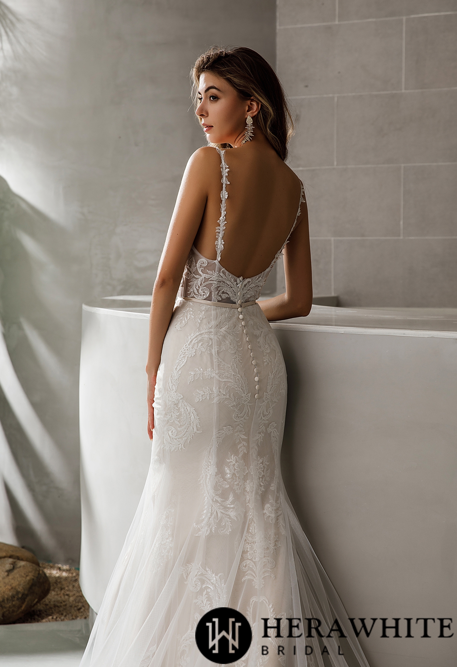 Geometric Lace Fit and Flare V Neck Chapel Train Wedding Dress