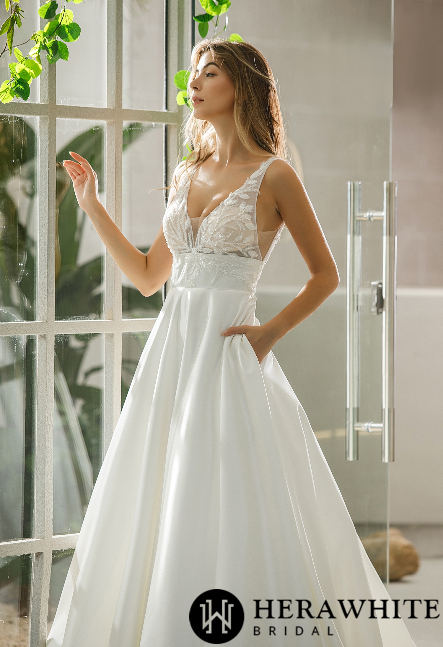 Illusion Bodice Satin A-line Pockets Wedding Dress