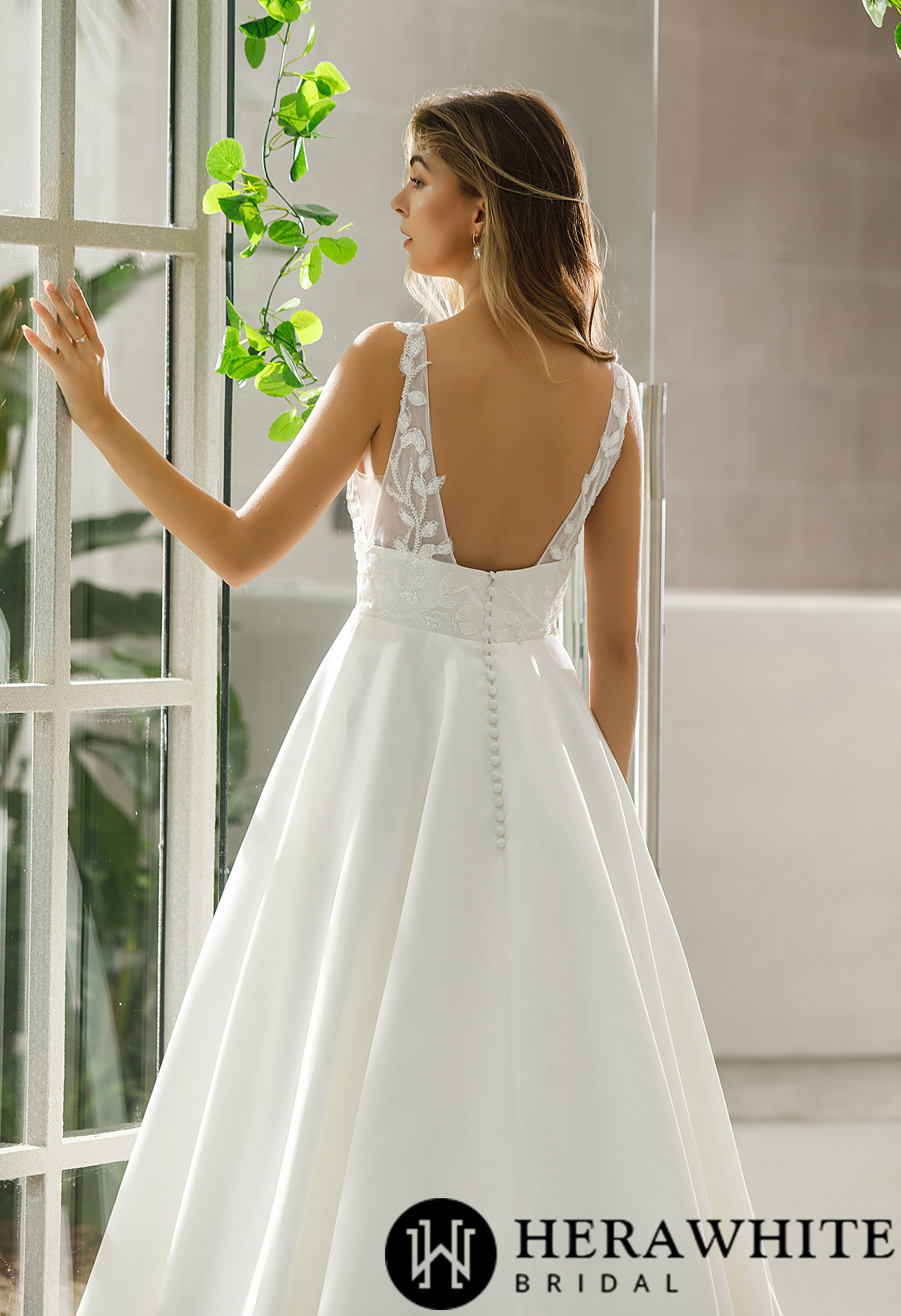 Illusion Bodice Satin A-line Pockets Wedding Dress