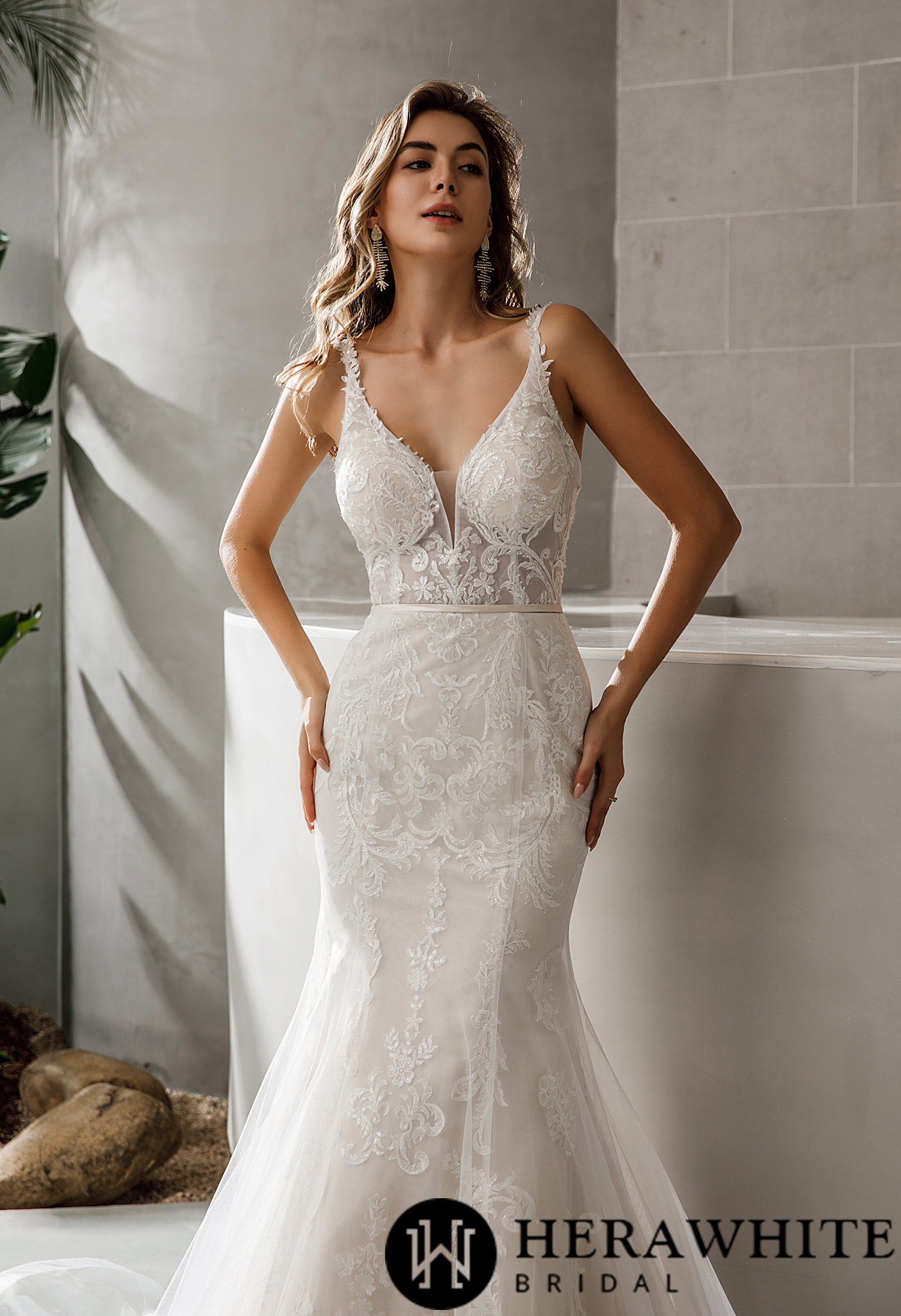 Geometric Lace Fit and Flare V Neck Chapel Train Wedding Dress