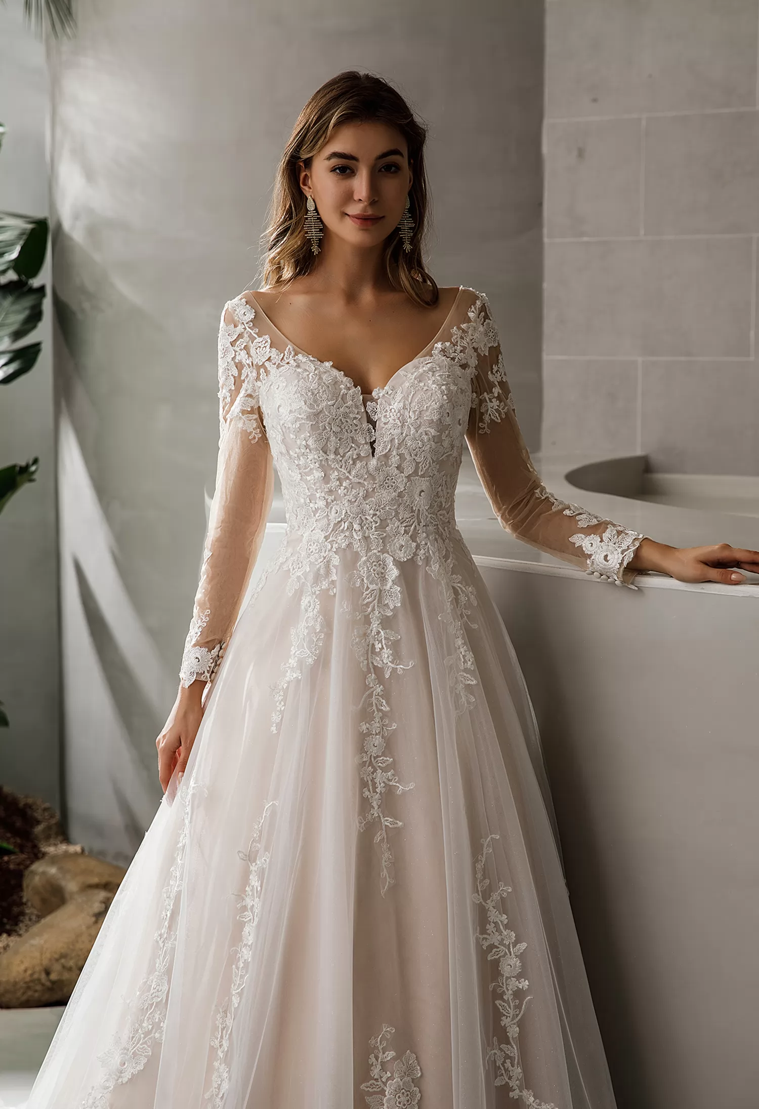 Free Shipping Princess Long Sleeves Sheer Back White Wedding Dress with Lace  VK0318008 – Vickidress