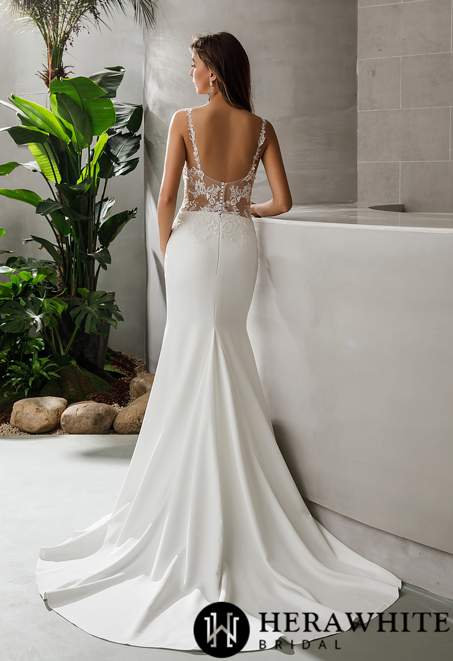 Crepe Fit and Flare Crepe Silhouette Lace Straps Wedding Dress