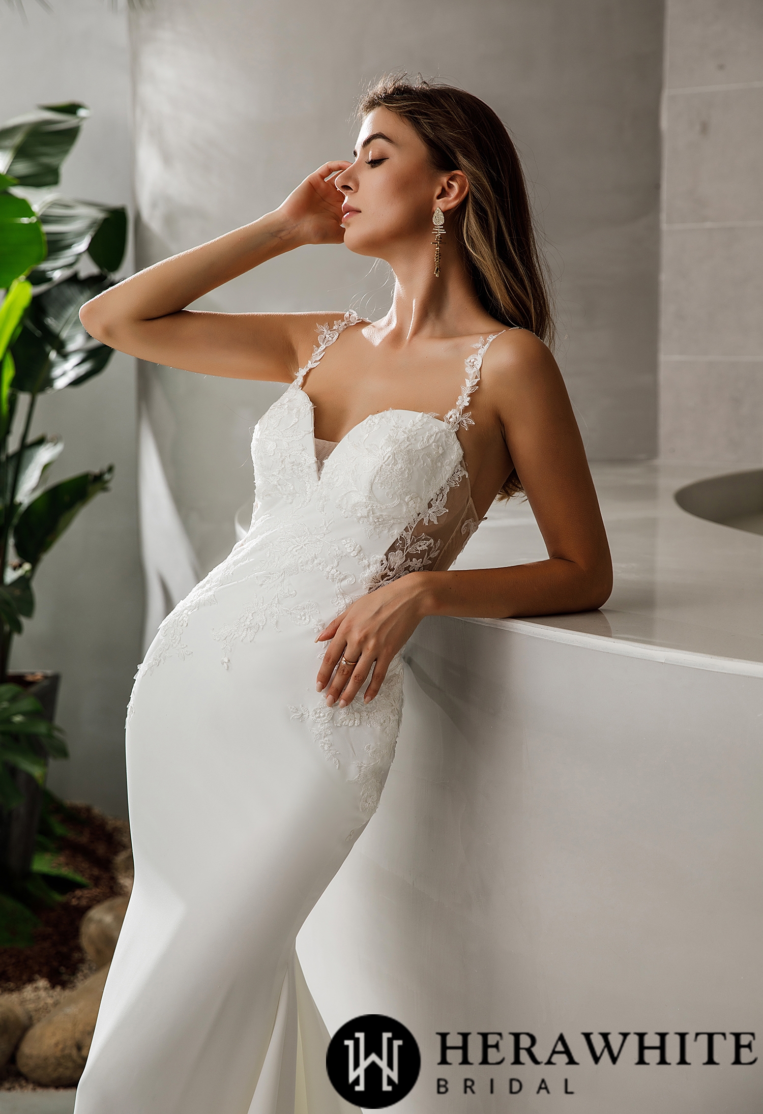 Crepe Fit and Flare Crepe Silhouette Lace Straps Wedding Dress