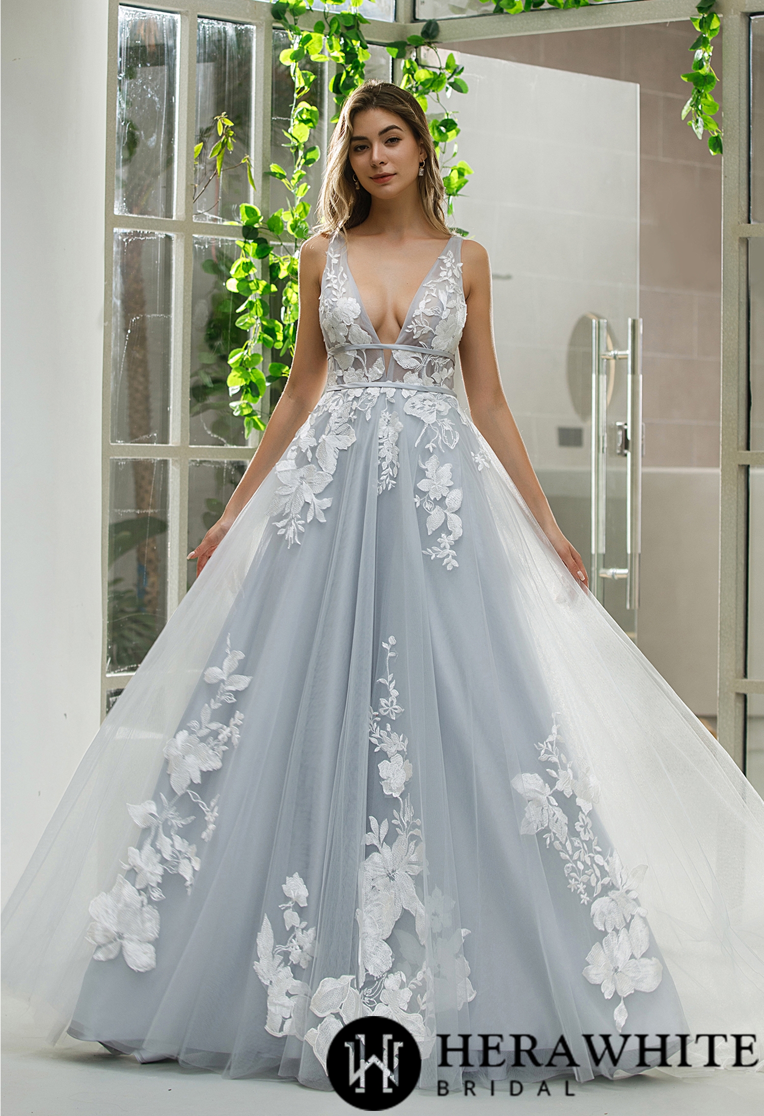 Plunging V-neck Floral Motifs Wedding Dress