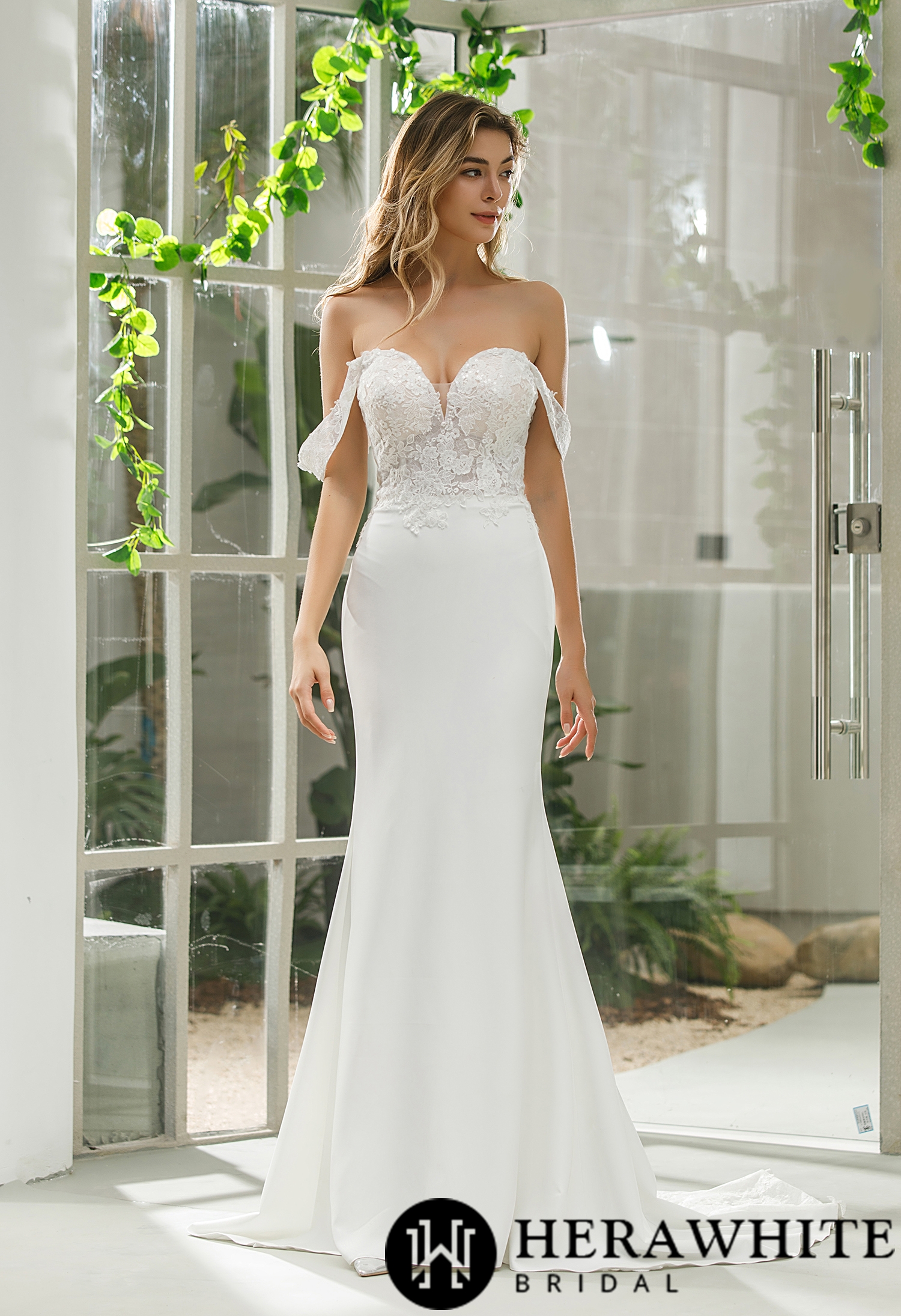 Sheath Crepe Off The Shoulder Wedding Dress