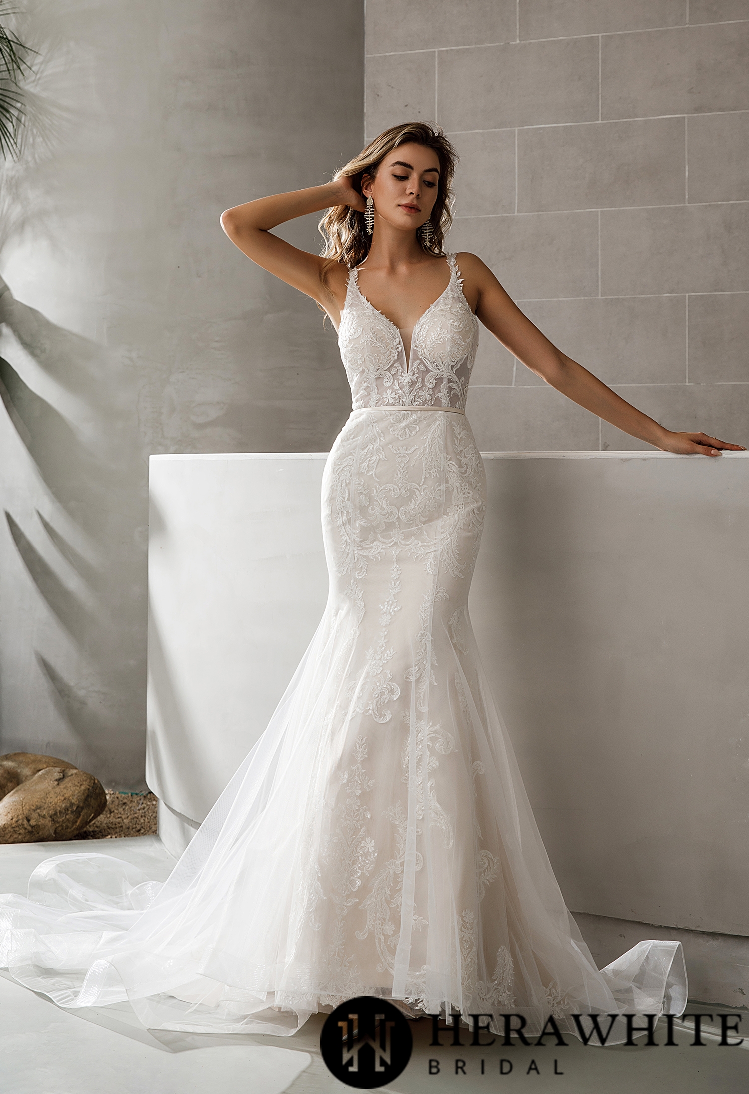 Geometric Lace Fit and Flare V Neck Chapel Train Wedding Dress